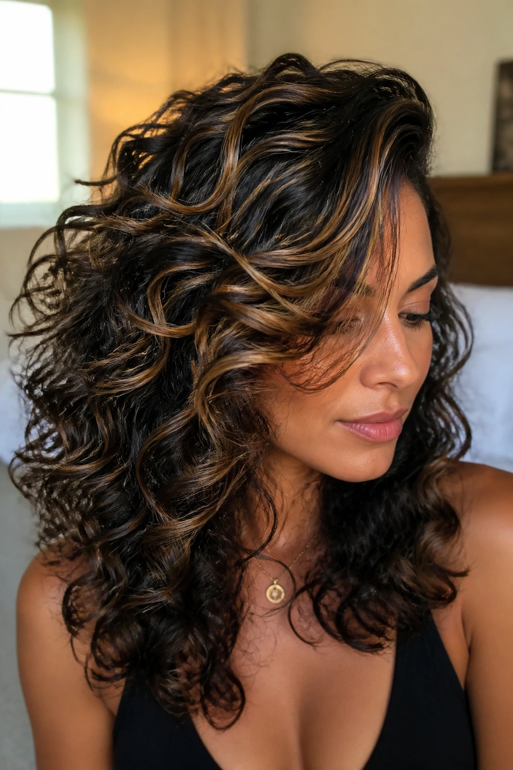 Close-up of curly hair with side-swept layers and ribbon highlights