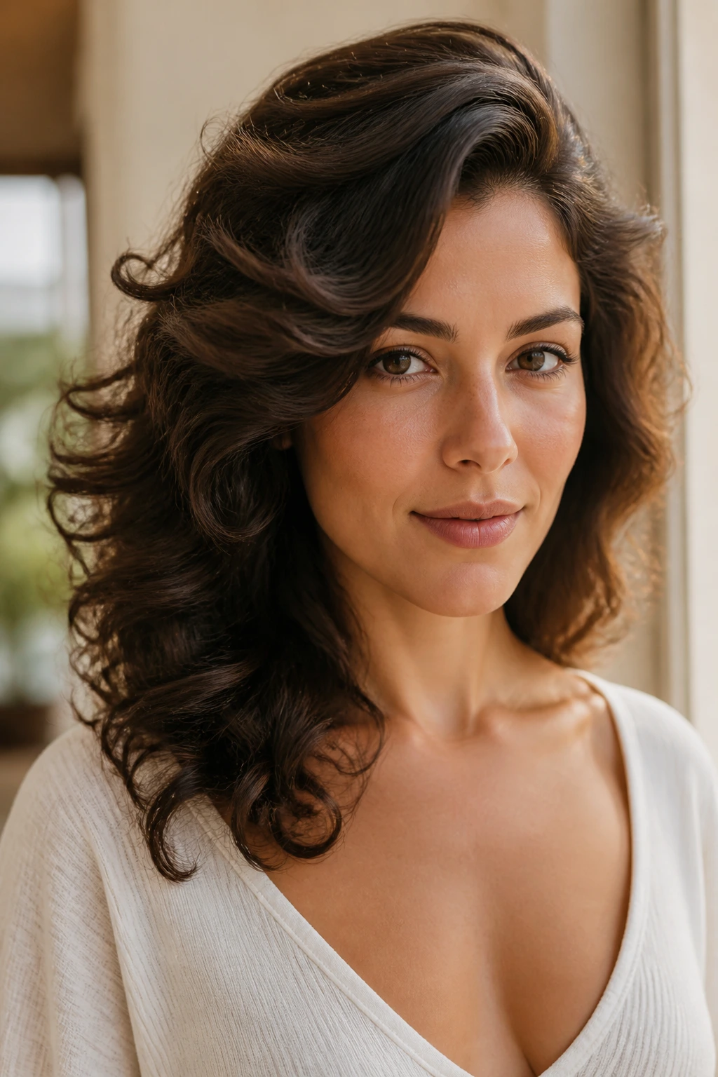 Portrait of a woman with side-swept curls and lifted crown.