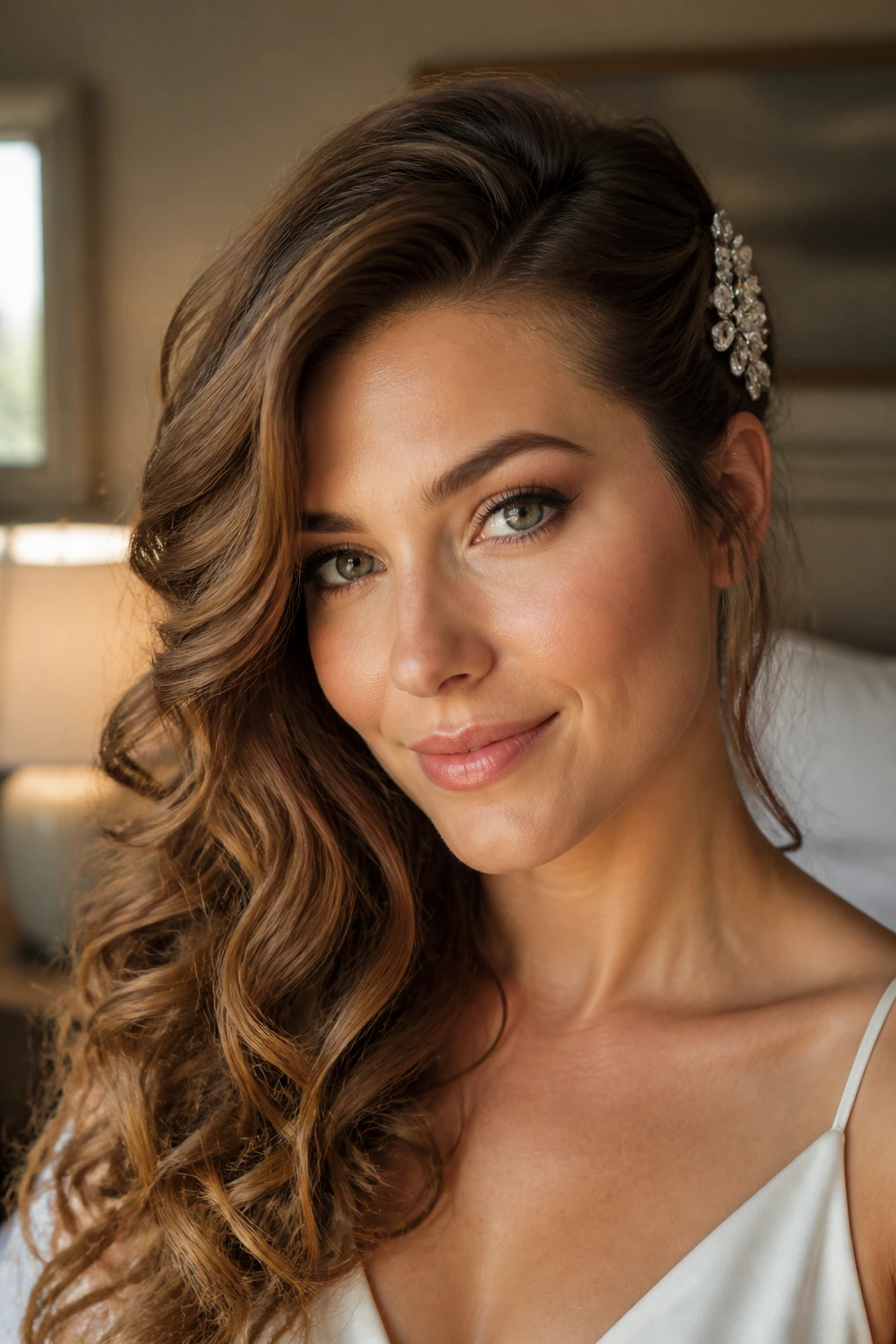 Close-up of a real woman with side-swept curls secured by a crystal comb behind the temple.