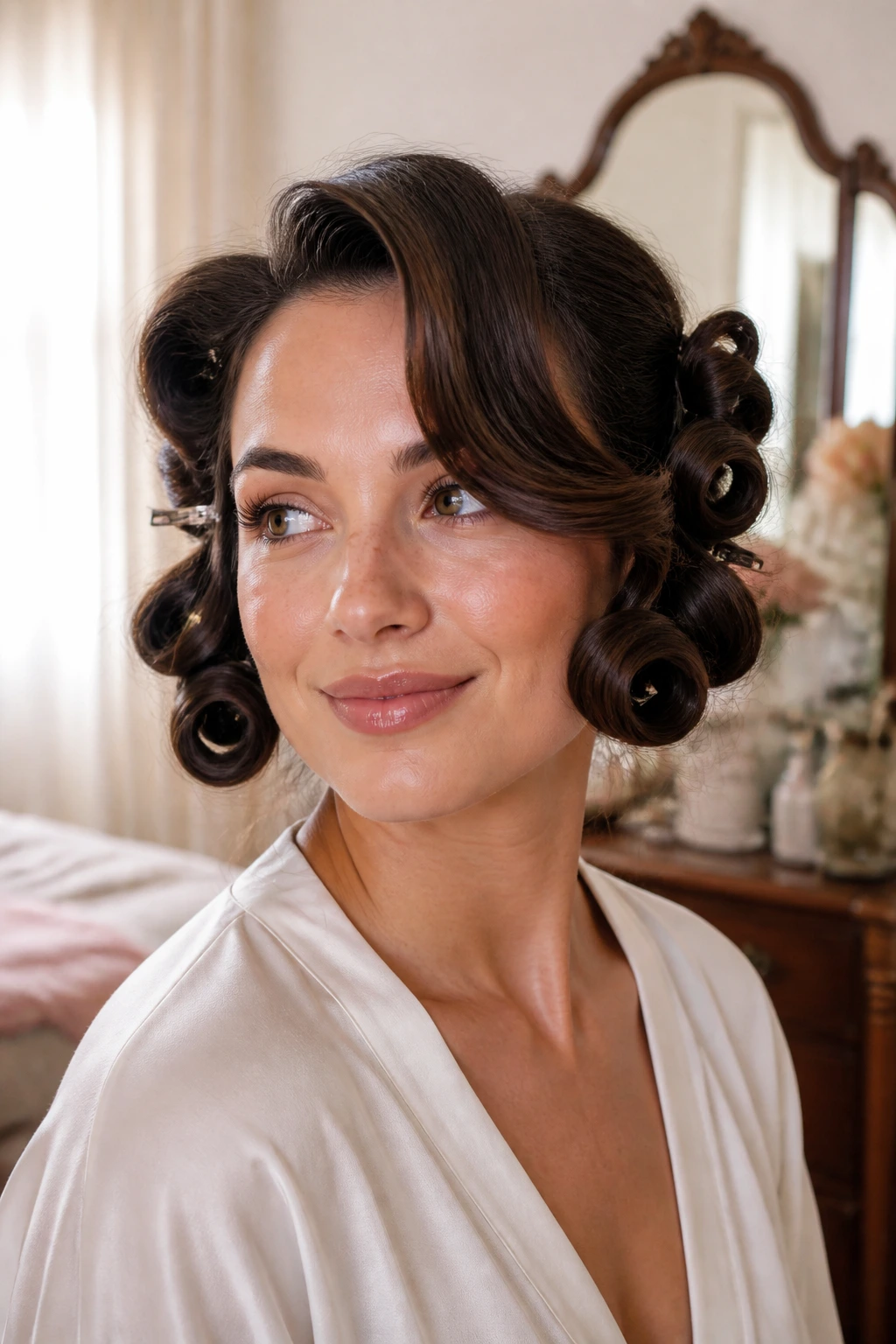 Close-up portrait of a real woman with side-swept curtain curls in a cozy bedroom.