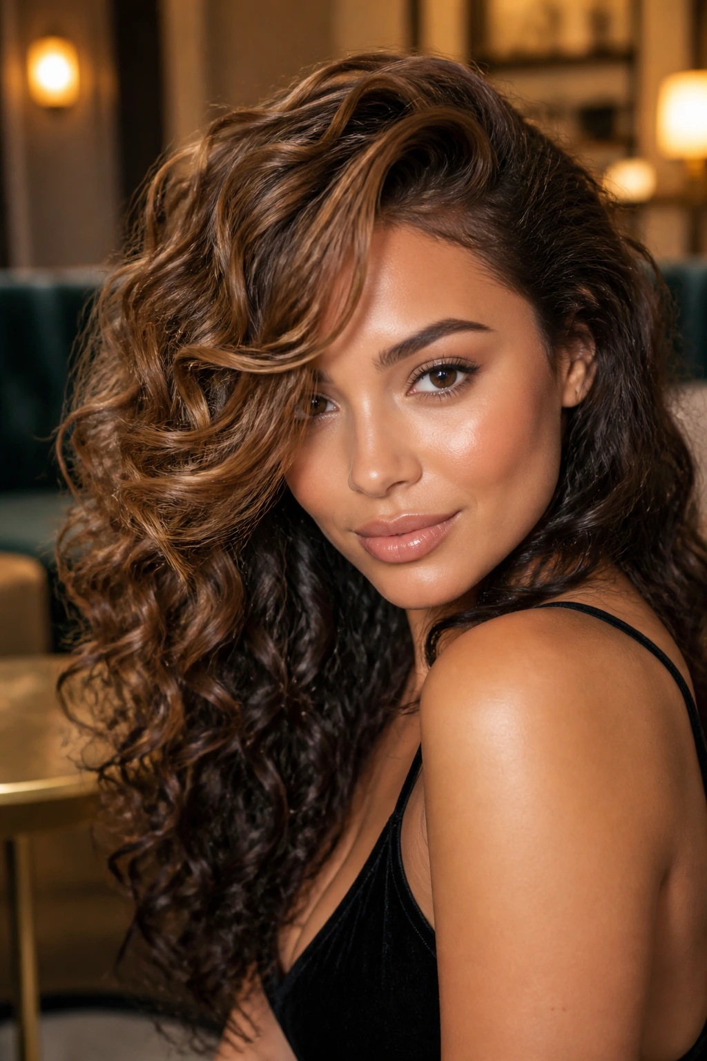 Portrait of a woman with glam side-swept curls and espresso lowlights