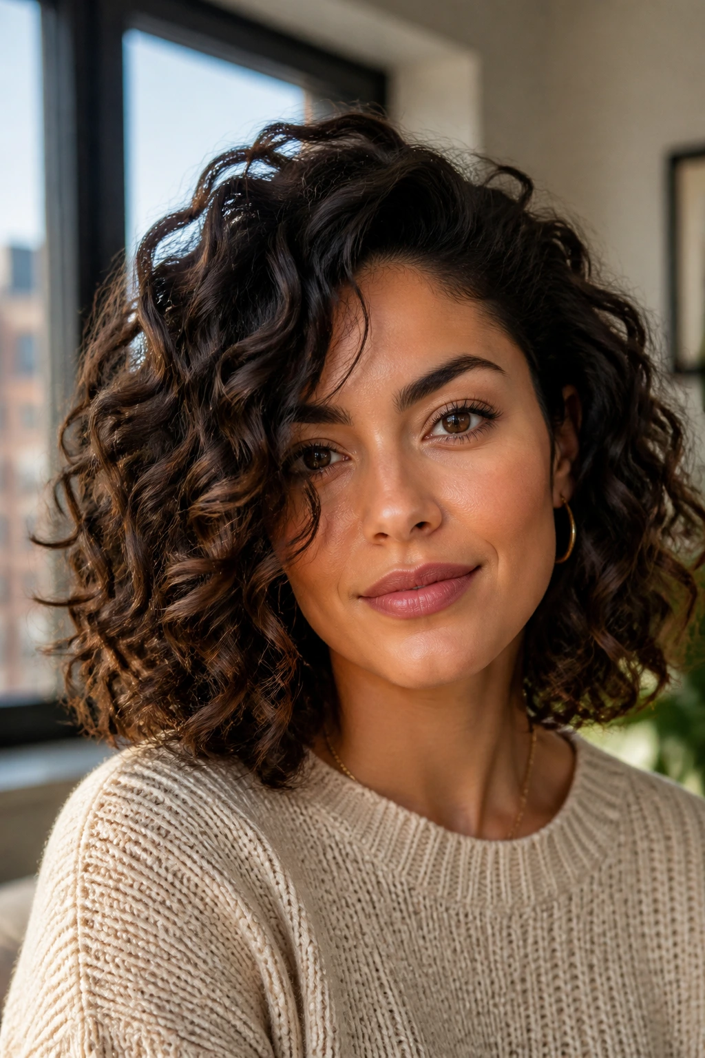 Close-up of a real woman with a side-swept curly lob featuring soft layers and a deep side part, in warm window light