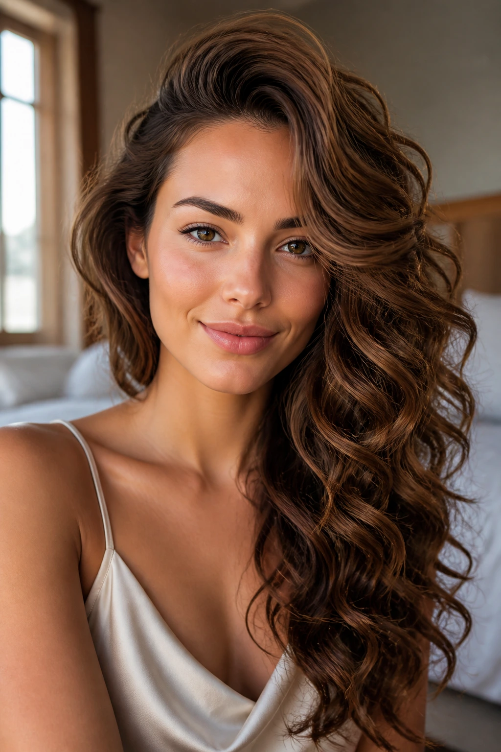 Close-up of a real woman with side-swept glam curls and glossy ends