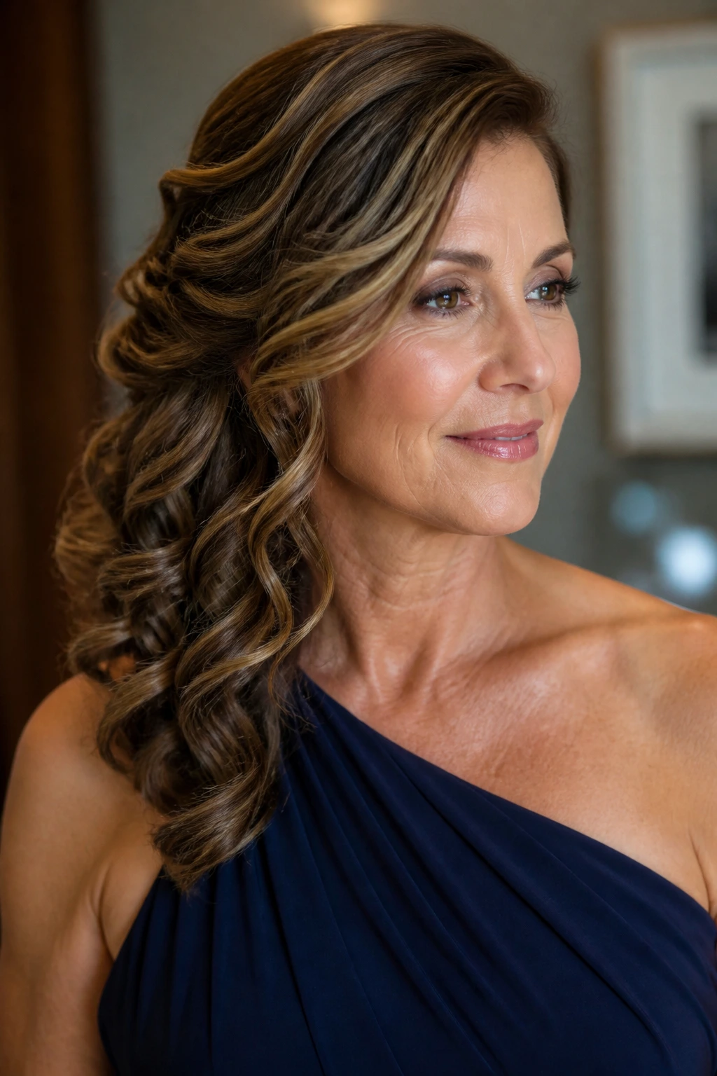 Portrait of a woman with side-swept curls for a one-shoulder dress