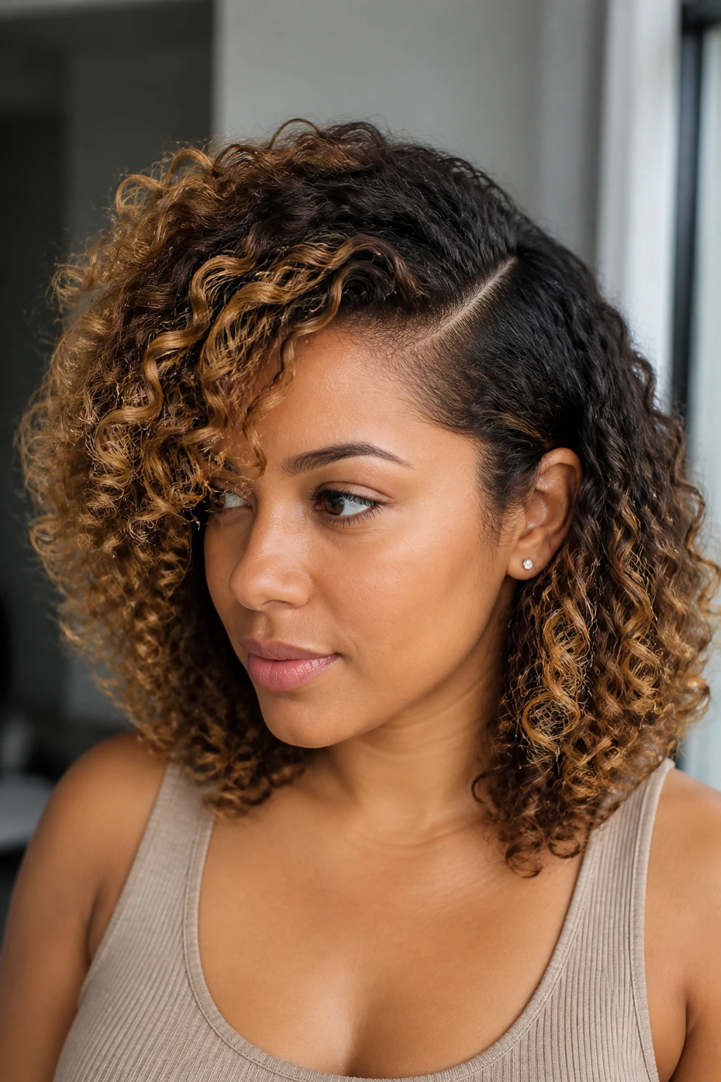 Close-up of a real person with side-swept curls and a clean part under natural light