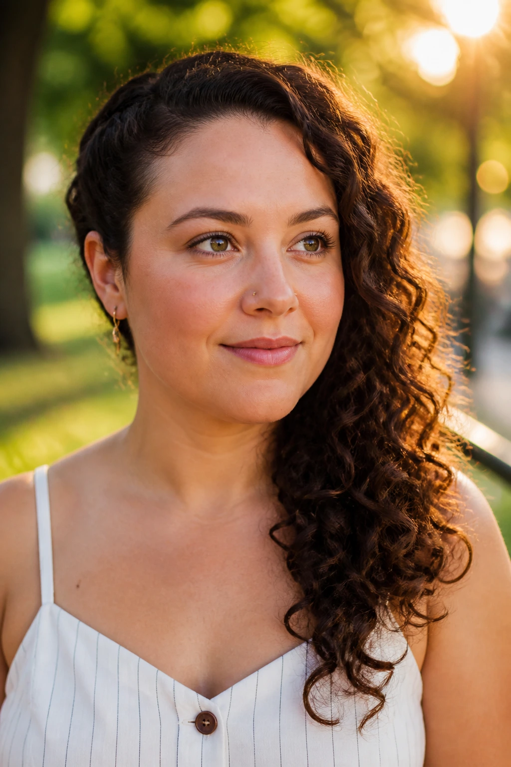Close-up portrait of a woman with side-swept curls over one shoulder in a sunlit park