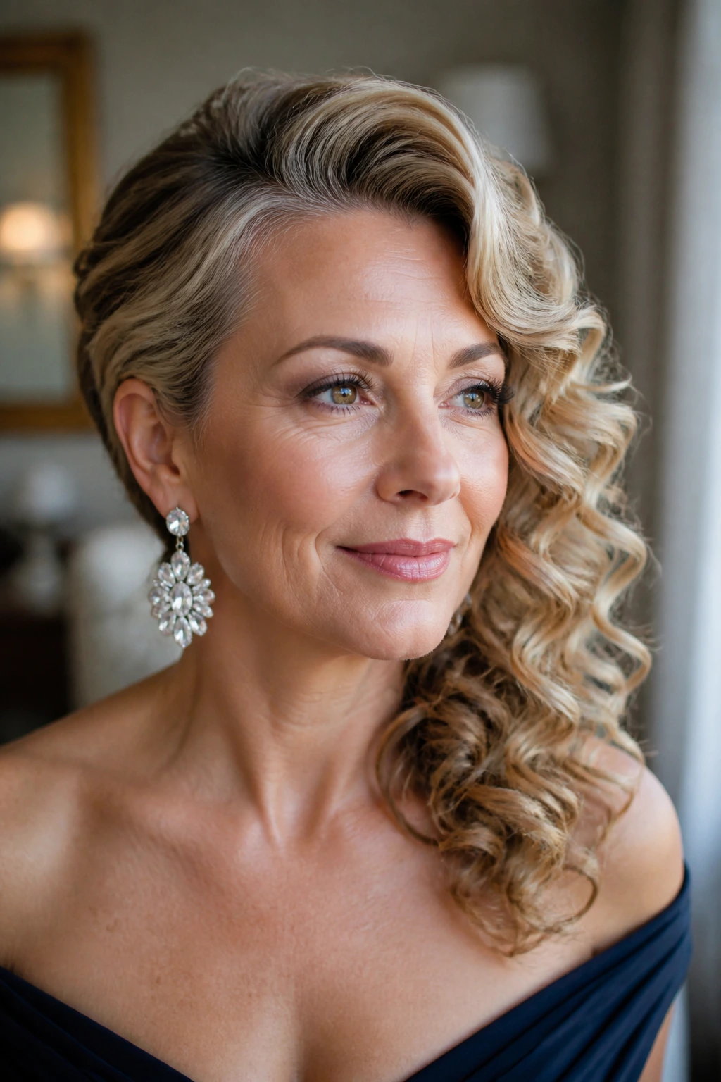Close-up of real woman with side-swept curls and a statement earring