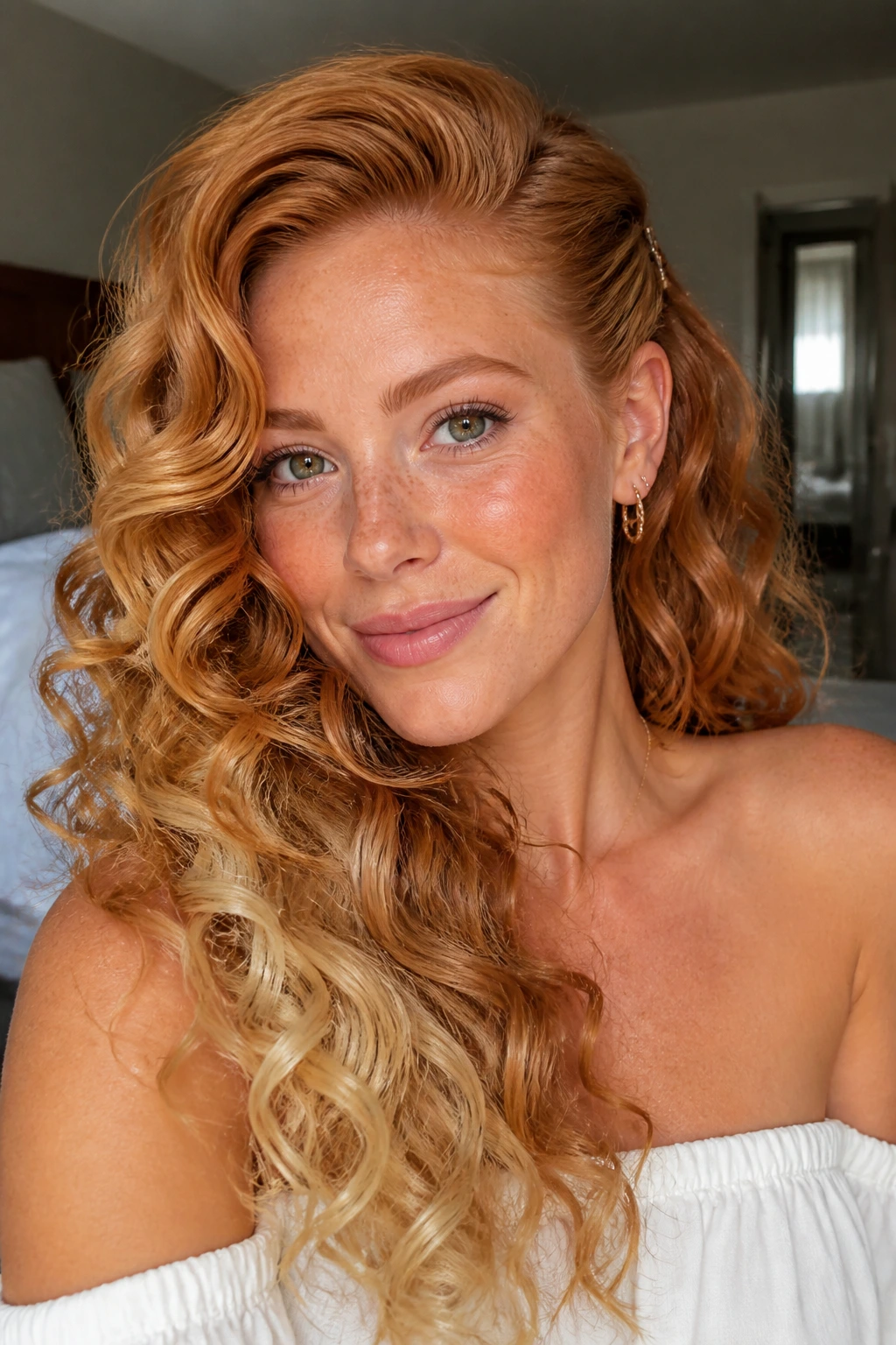 Close-up portrait of a real woman with a deep side part and side-swept curls in strawberry-blonde hair