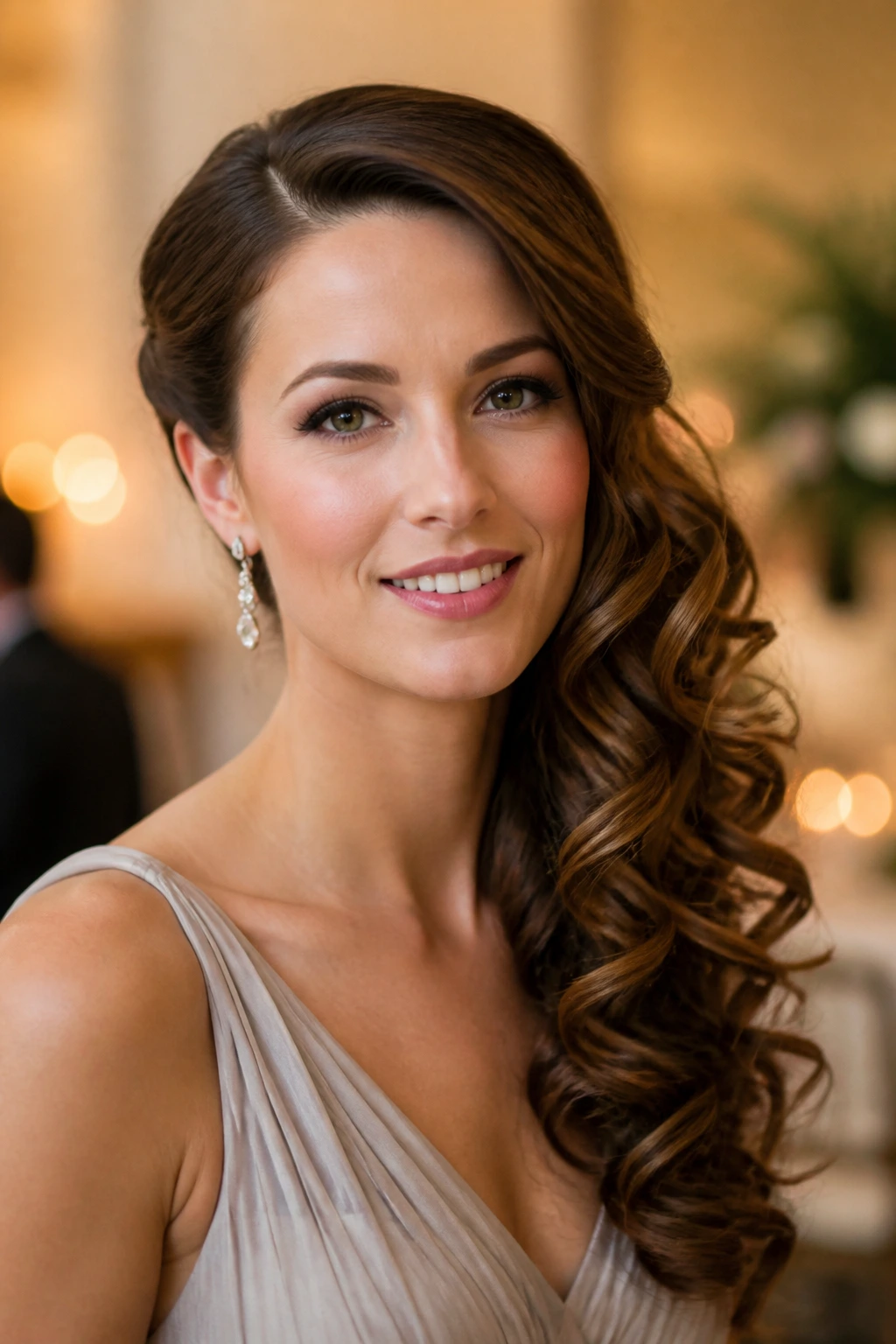 Close-up of a woman with side-swept curls cascading over one shoulder at a wedding
