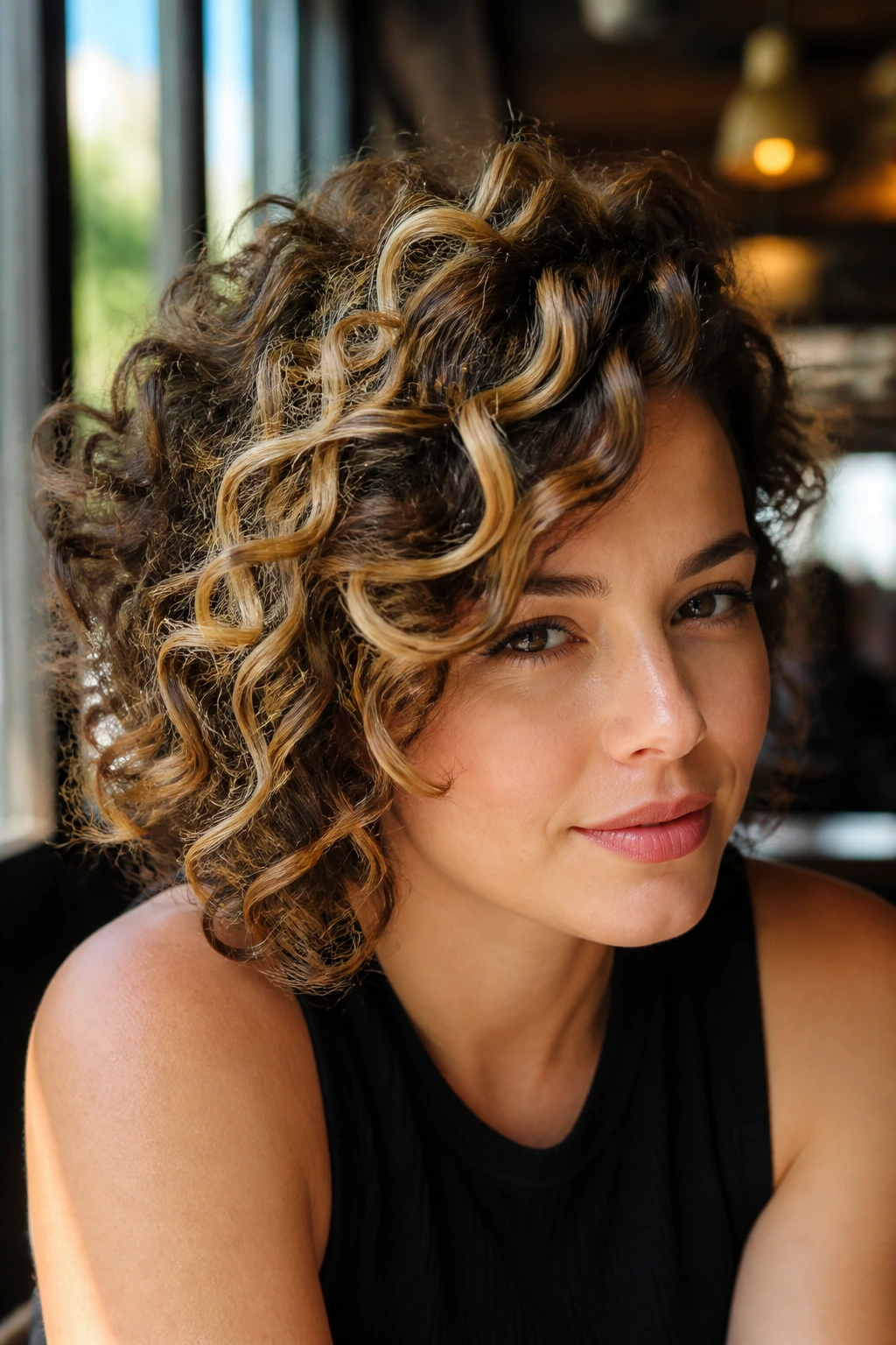 Close-up of side-swept curly bangs with honey ribbon highlights on a real person