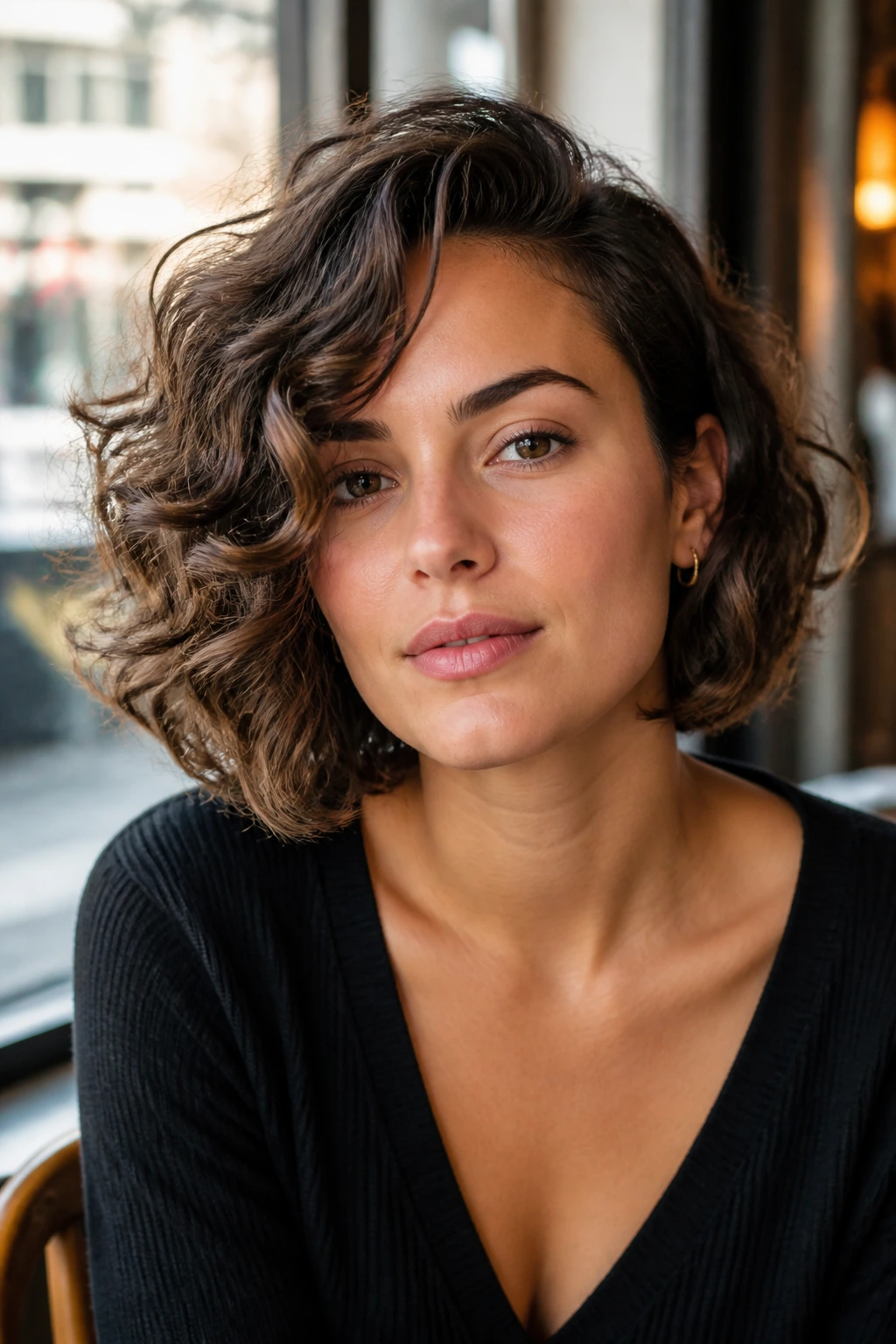 Portrait of a woman wearing a side-swept curly bob.