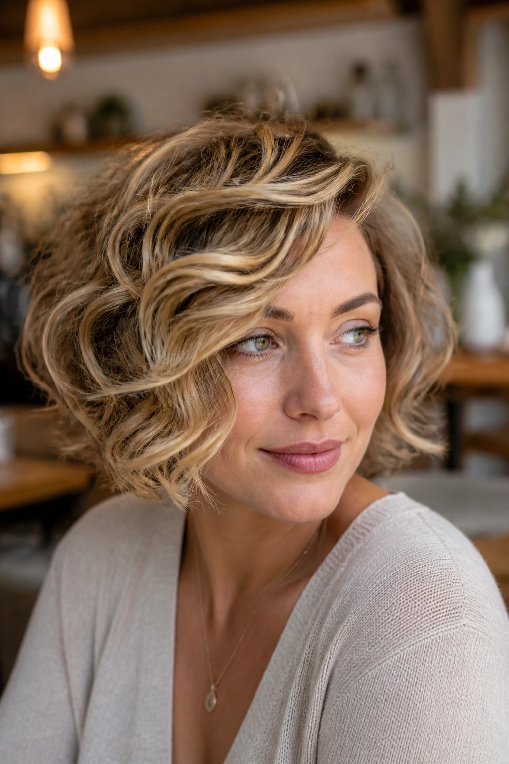 Close-up of a real woman with a side-swept curly bob and honey veils