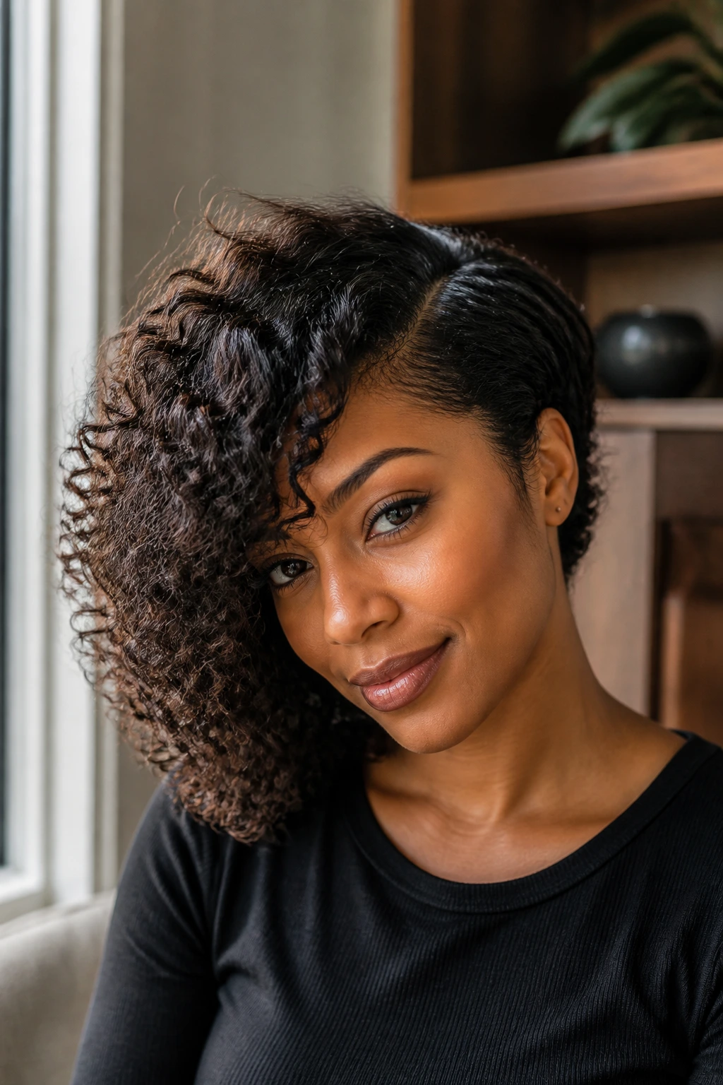 Close-up portrait of a real Black woman with a side-swept curly bob, asymmetrical length and natural light