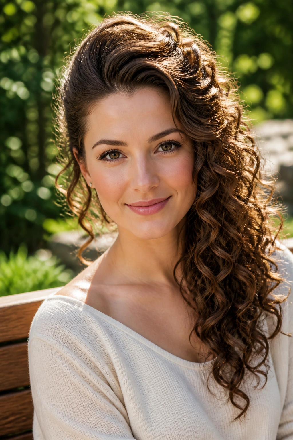 Close-up of a real person with a side-swept curly cascade hairstyle.