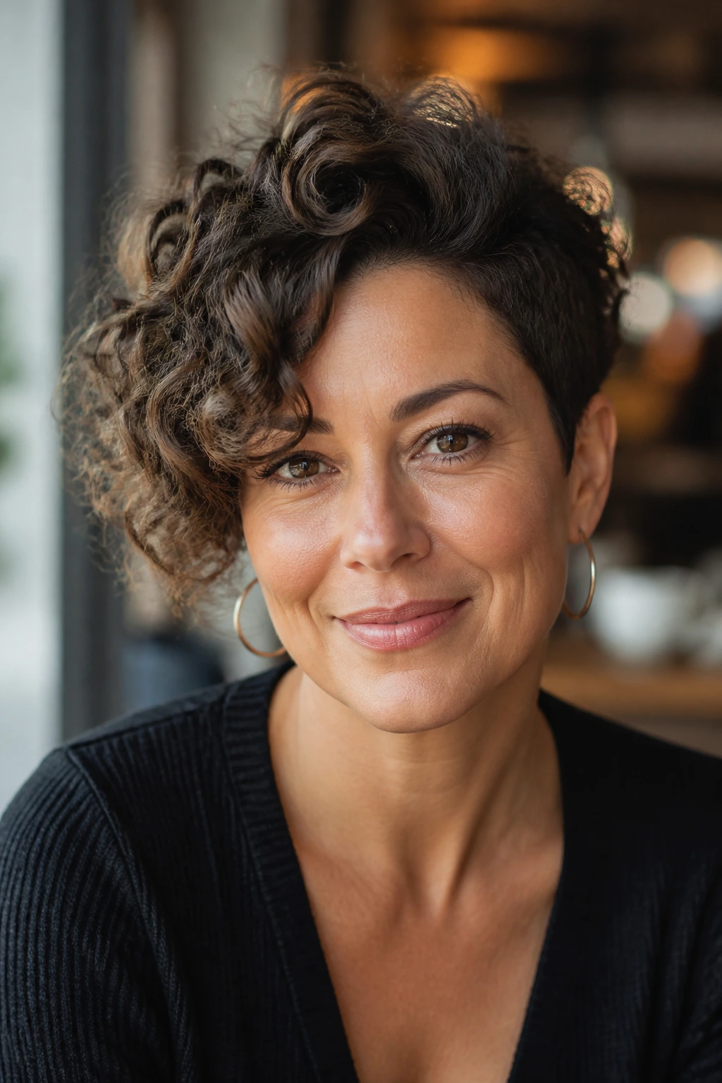 Close-up of a woman with a short curly crop and side-swept curls.