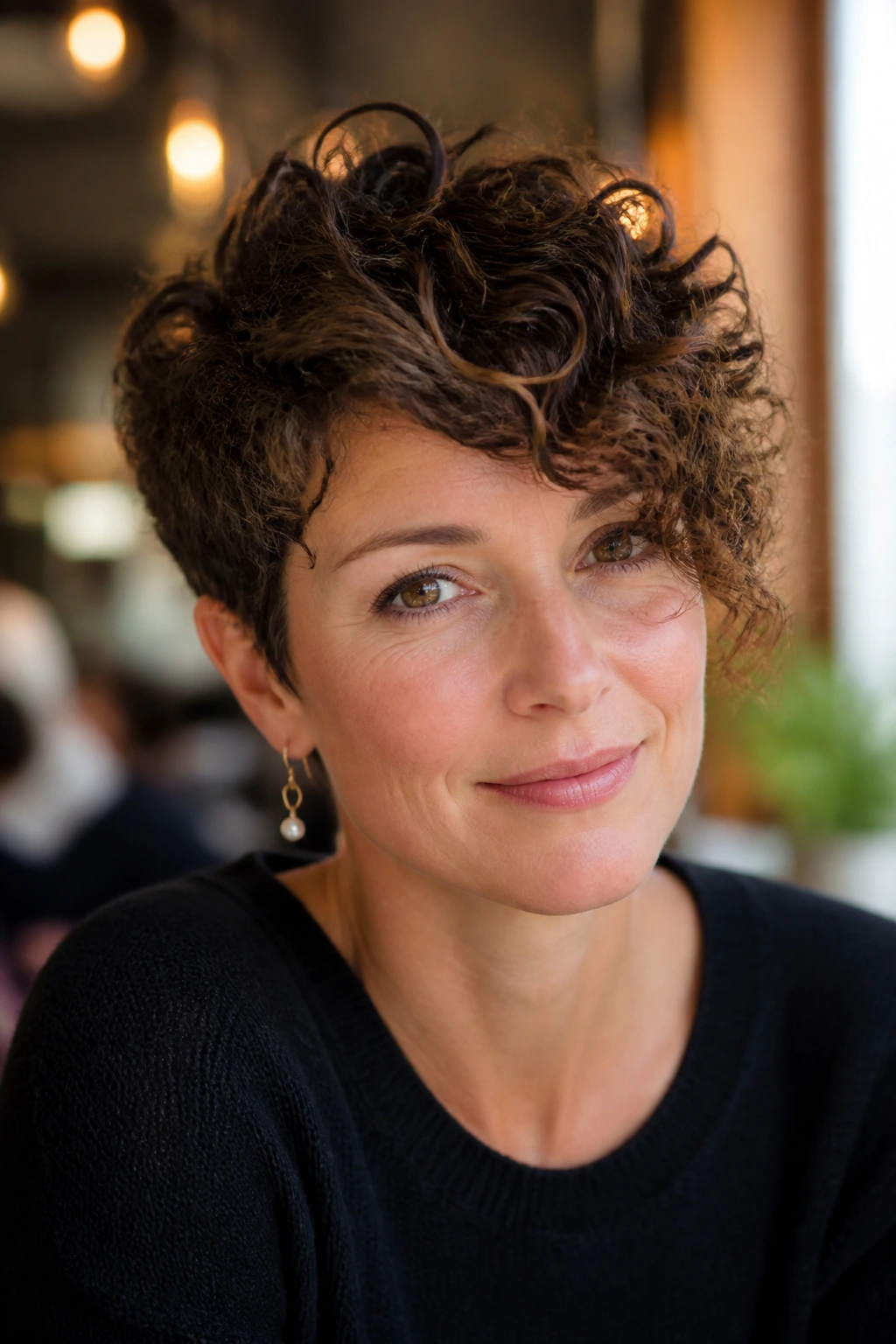 Close-up of a real person with a side-swept curly crop and diagonal fringe.