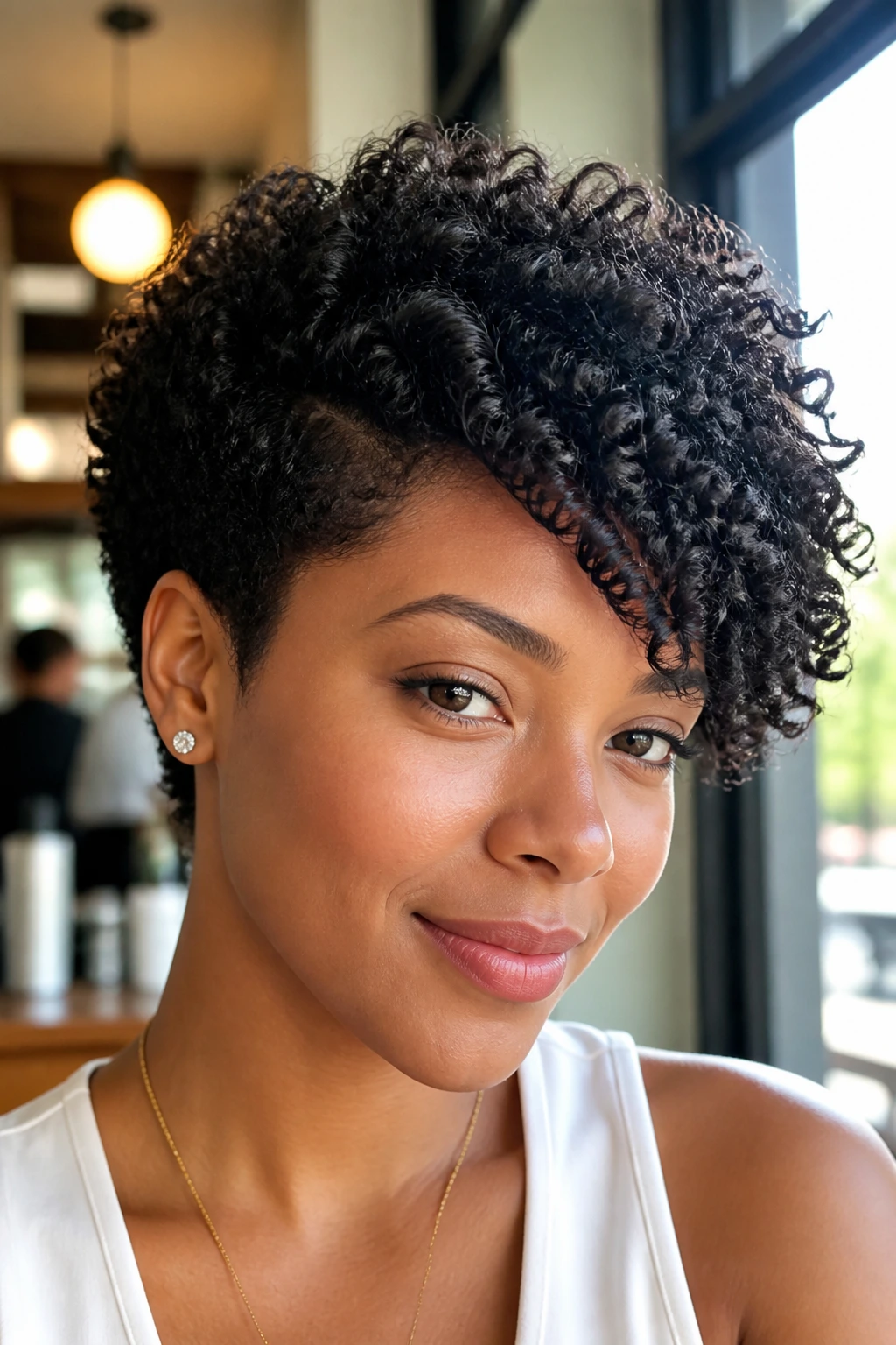 Portrait of a real woman with side-swept curly crop