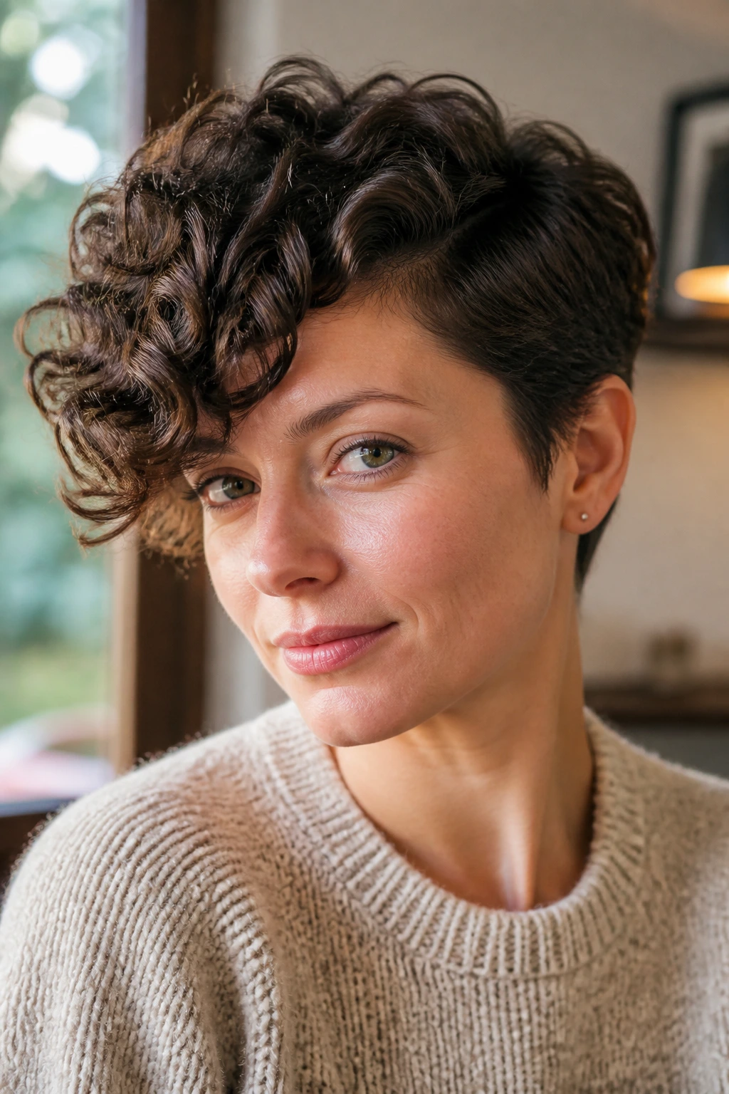 Close-up of a real woman with side-swept curly crop across the forehead.