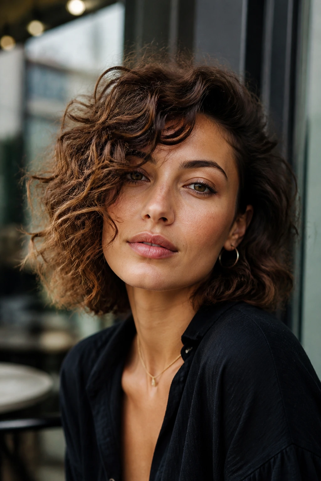 Close-up of a real person with a side-swept curly lob hairstyle