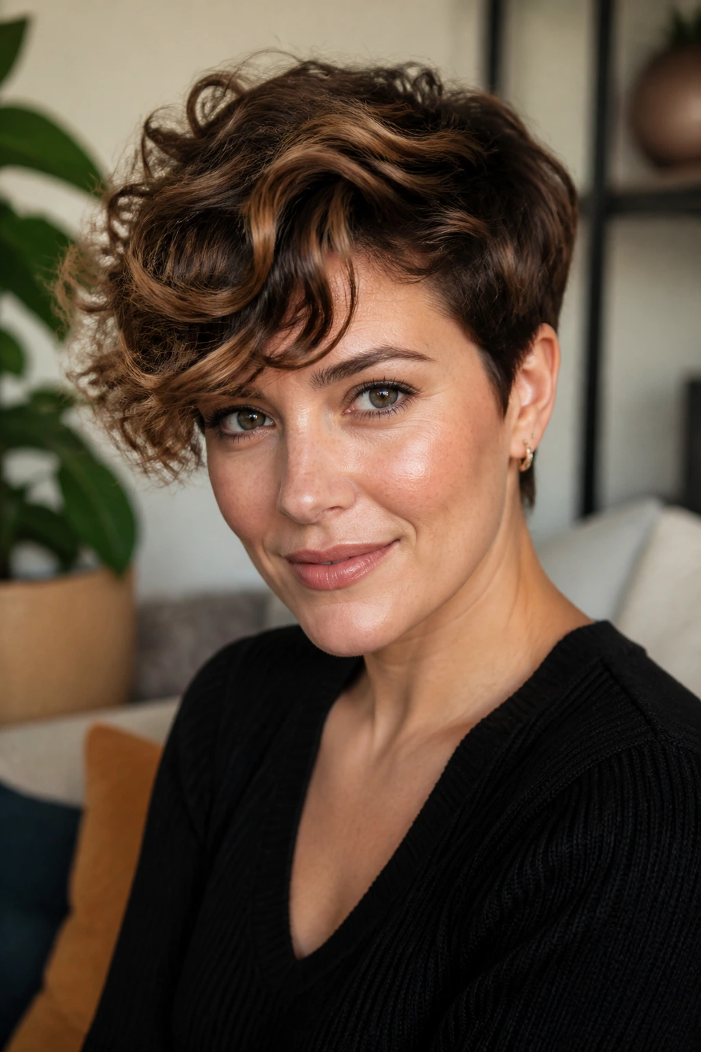Close-up portrait of a real woman with a side-swept curly pixie and coffee bean lowlights