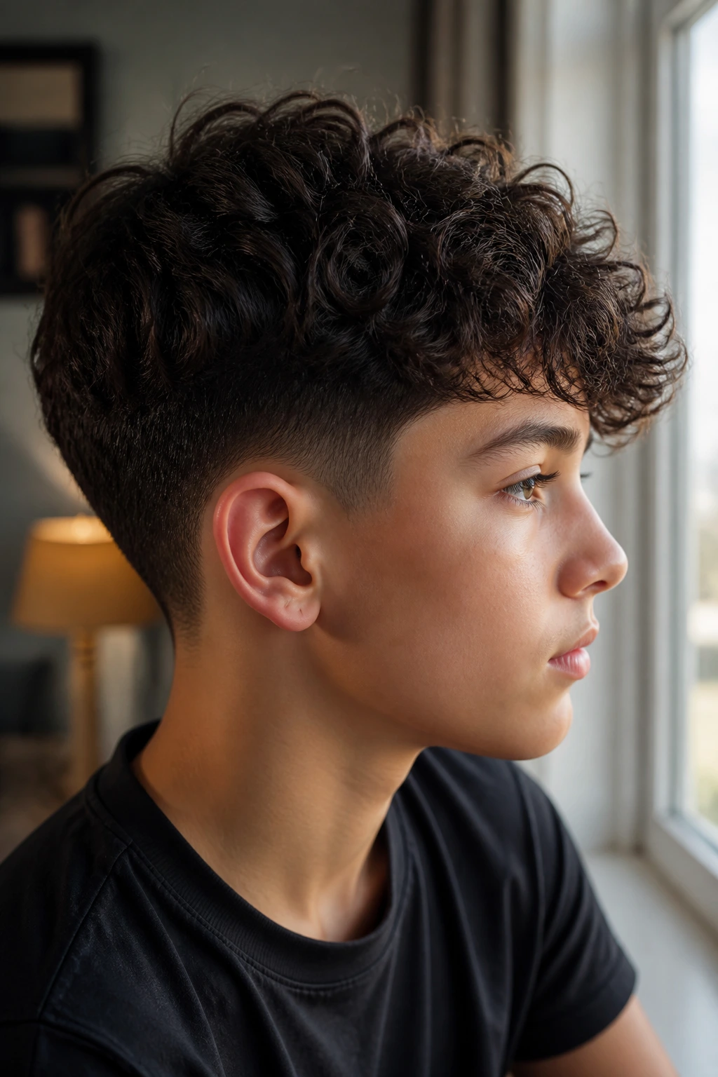 Profile portrait of a real boy with a side-swept curly top and low taper