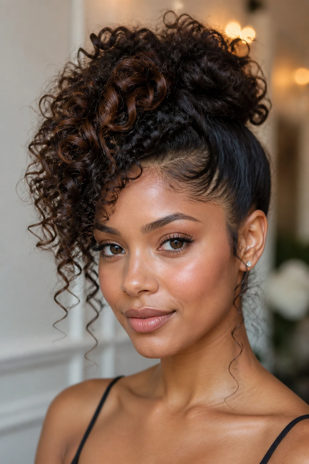 Close-up portrait of a real person with a side-swept curly updo.