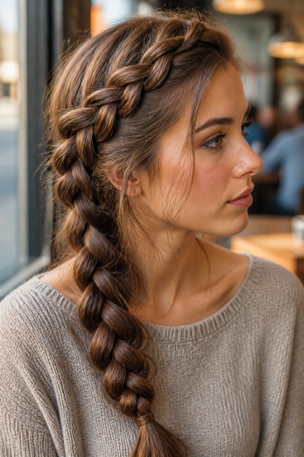 Close-up of a woman with a side-swept Dutch braid
