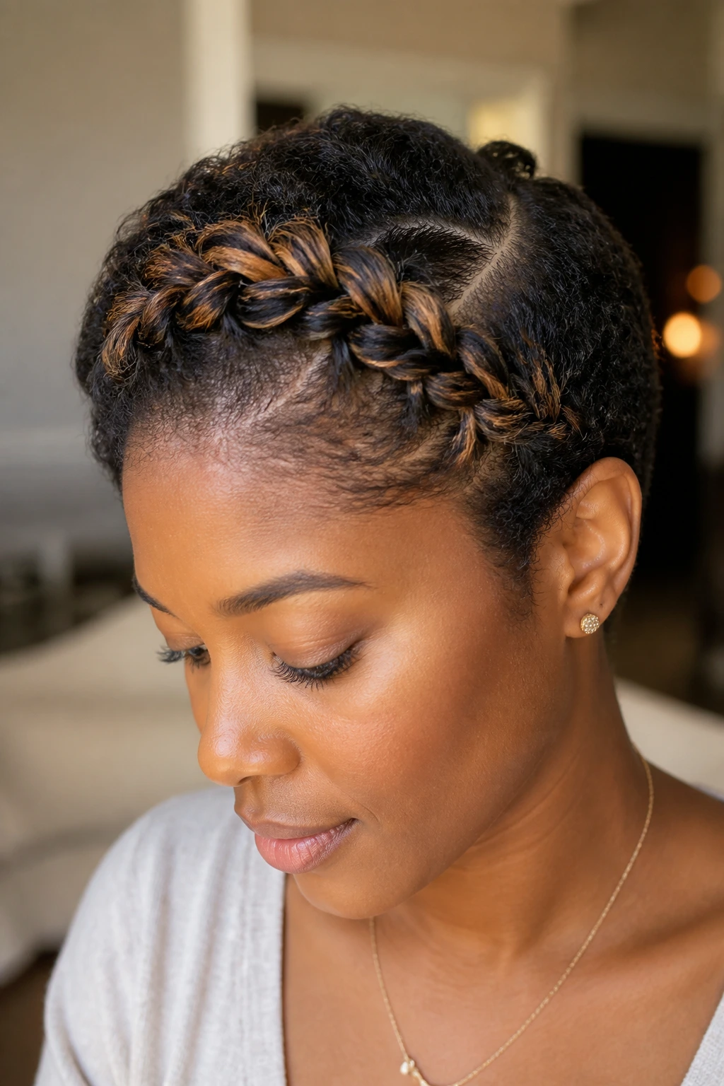 Close-up of a real person with a side-swept Dutch braid and deep part