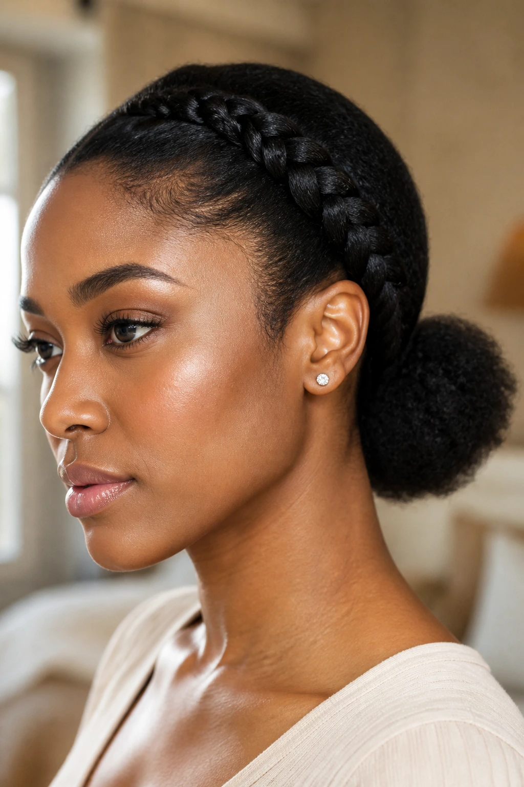 Close-up of side-swept Dutch braid flowing into a low puff on a real person