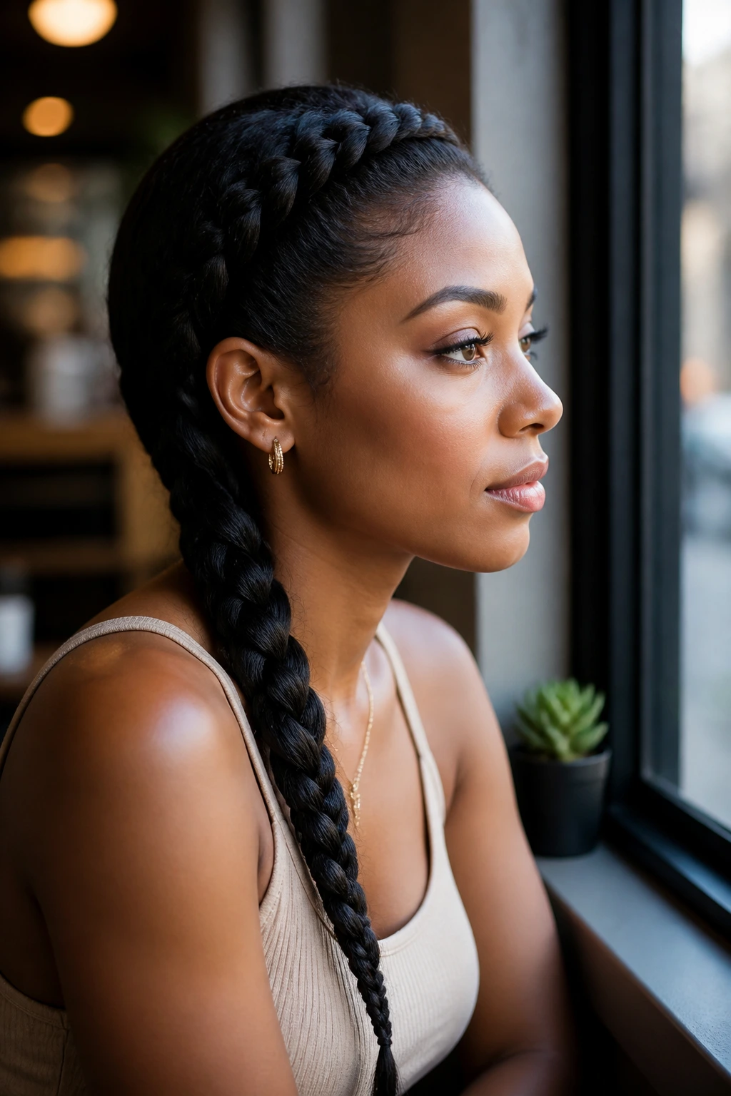 Close-up portrait of a real person with a single side-swept Dutch braid along the head to the shoulder.
