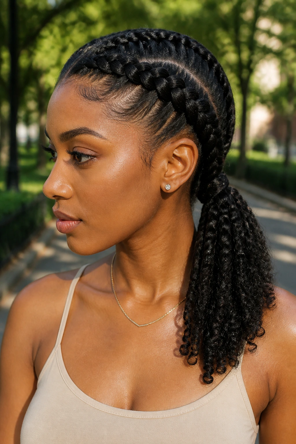 Side-swept Dutch braids with a shoulder-length ponytail on a real person