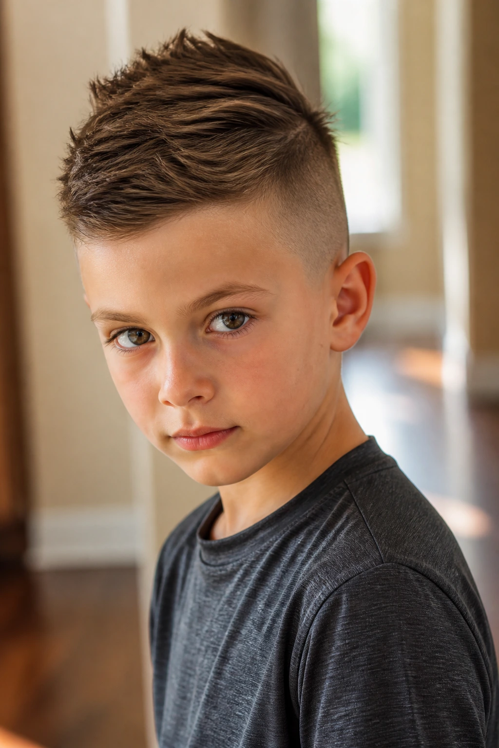 Close-up portrait of a real boy with a side-swept Eurohawk hairstyle, head and shoulders