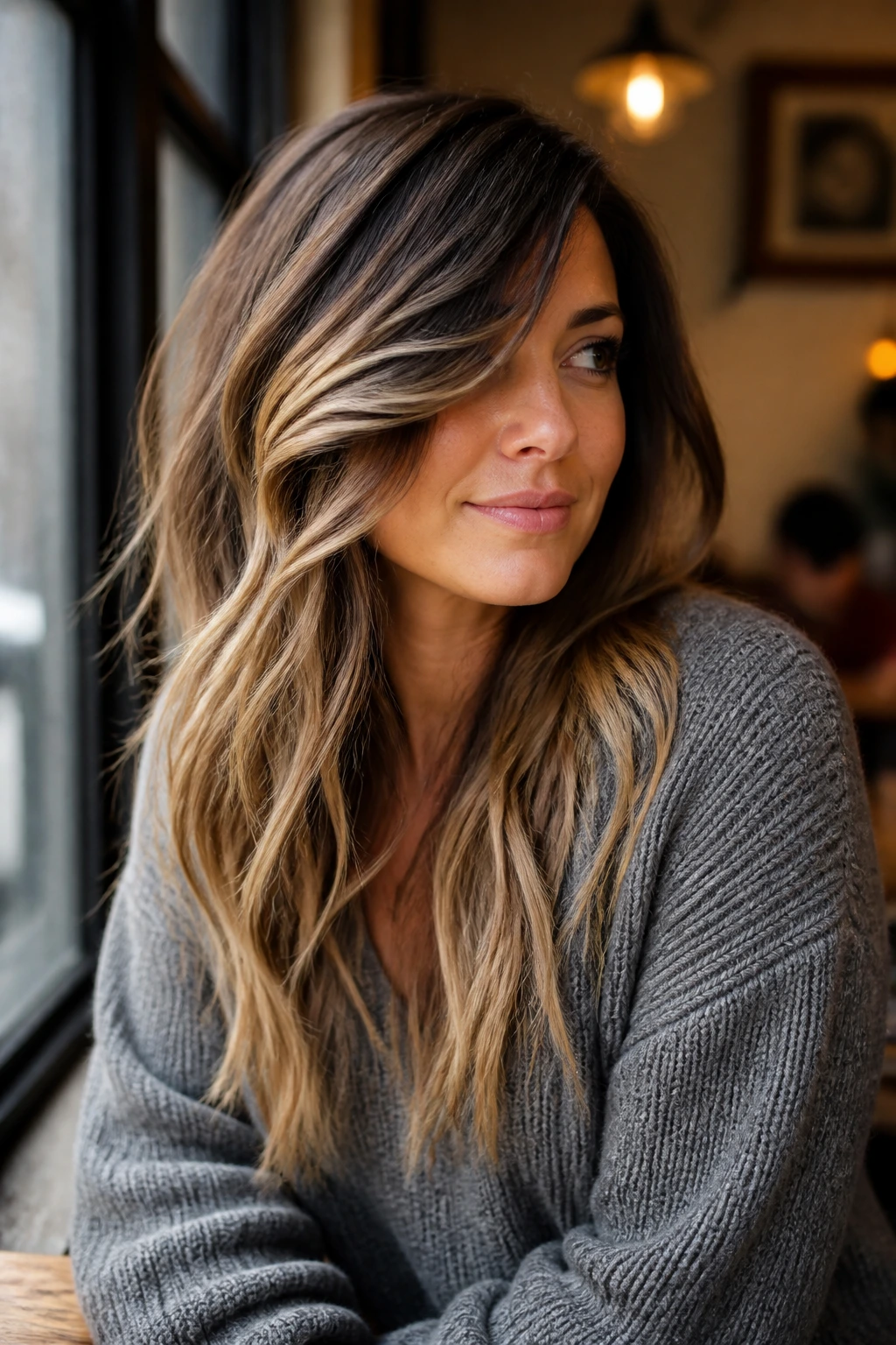 3/4 portrait of a real woman with a deep side sweep and long ends cascading over the shoulder