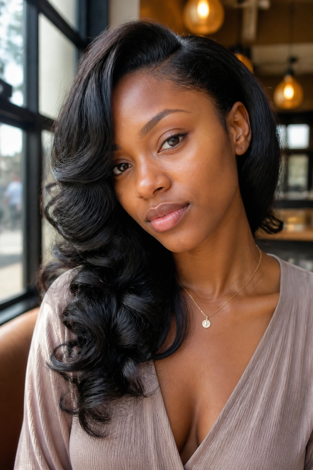 Close-up portrait of a real woman with side-swept feather curls by a window
