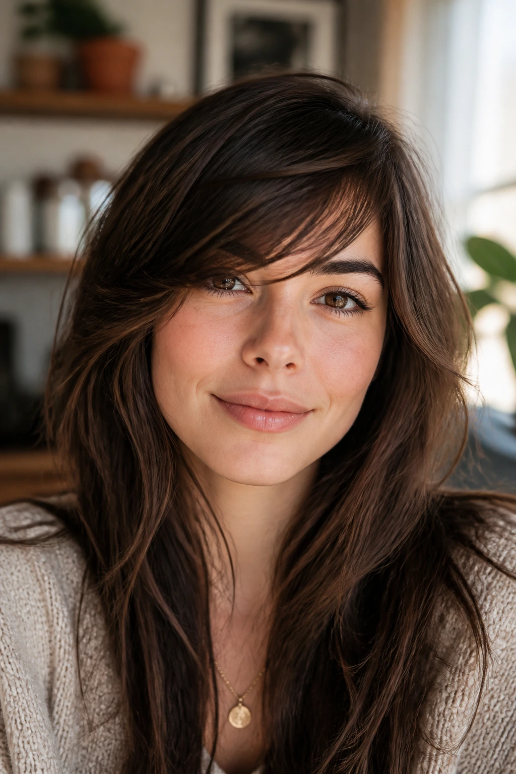 Close-up of real woman with side-swept feather fringe