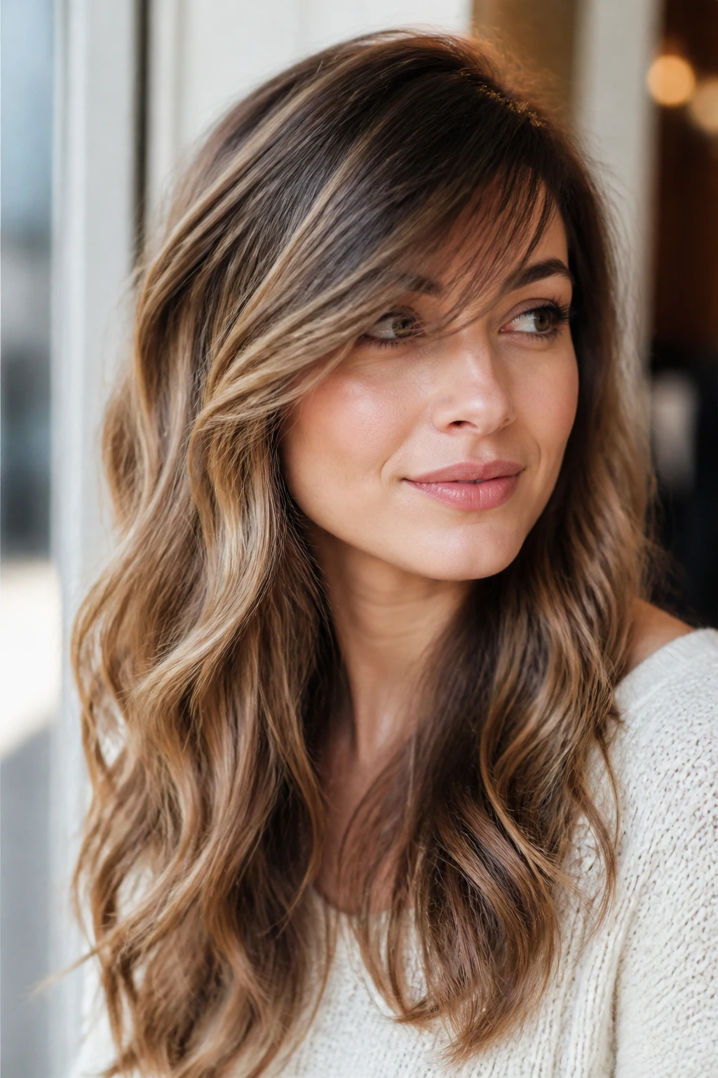 Portrait of a woman with a side-swept feather fringe over long waves