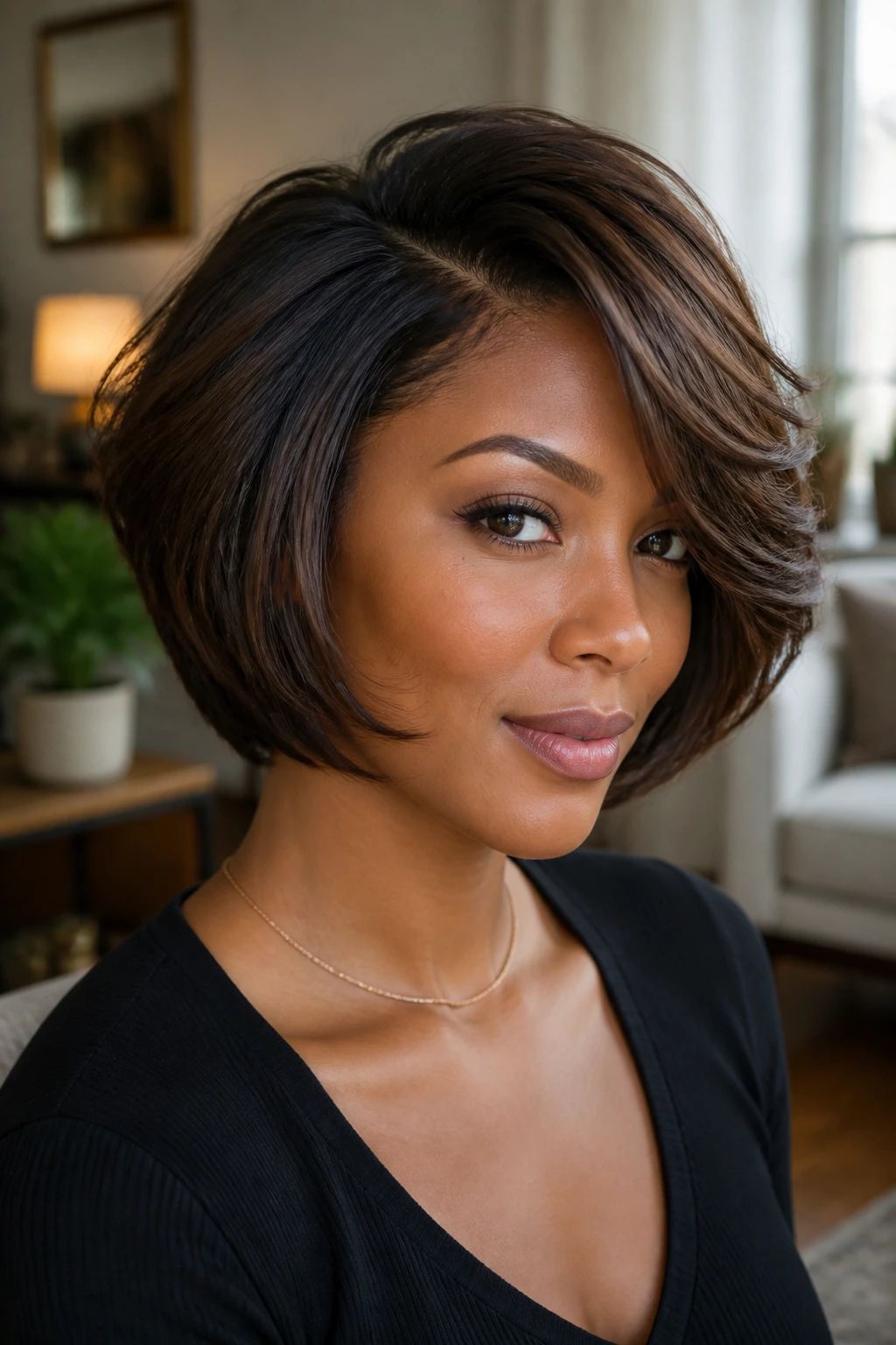 Close-up of a real woman with a side-swept feathered bob showing crown lift.