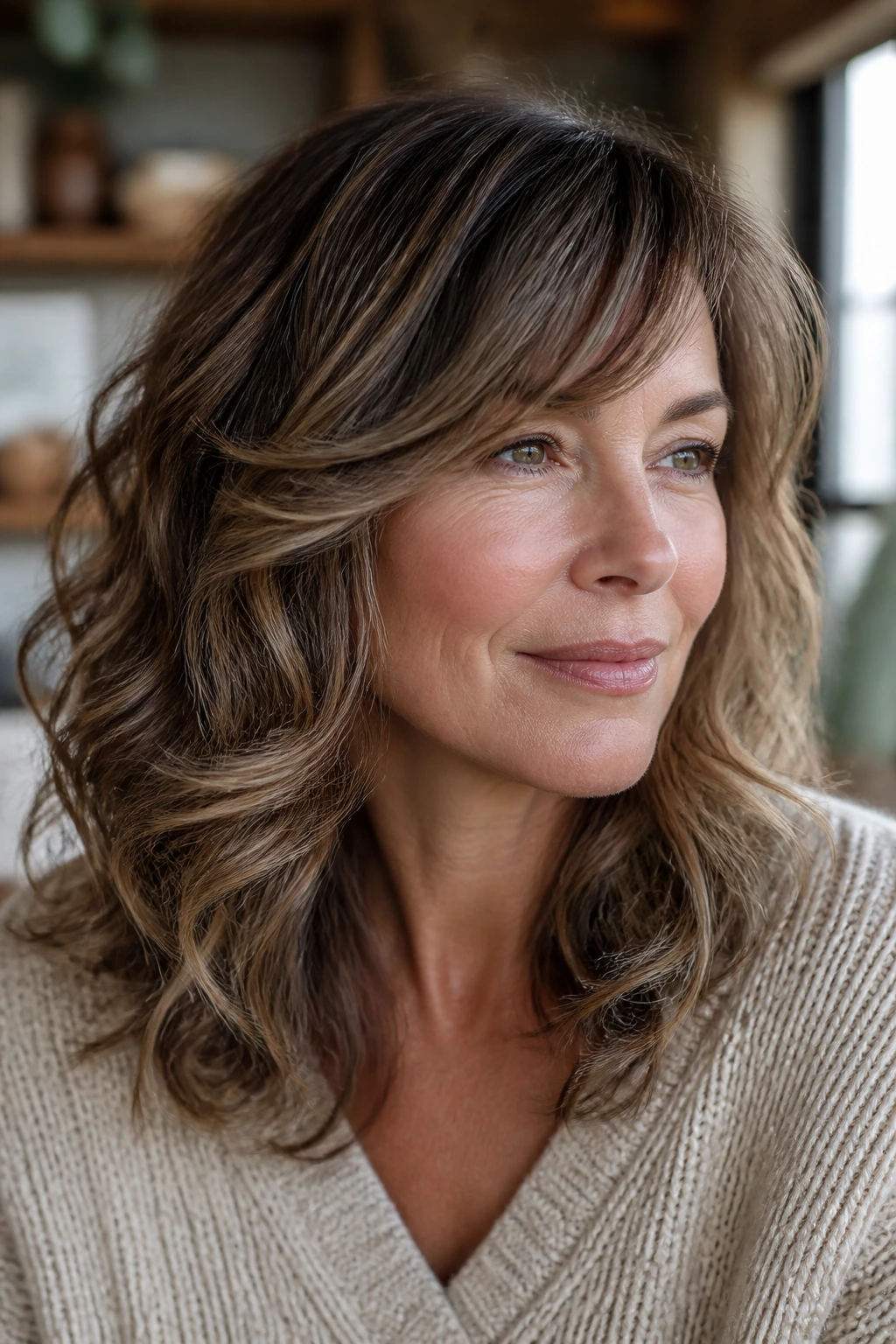 Close-up of a real woman with side-swept feathered fringe