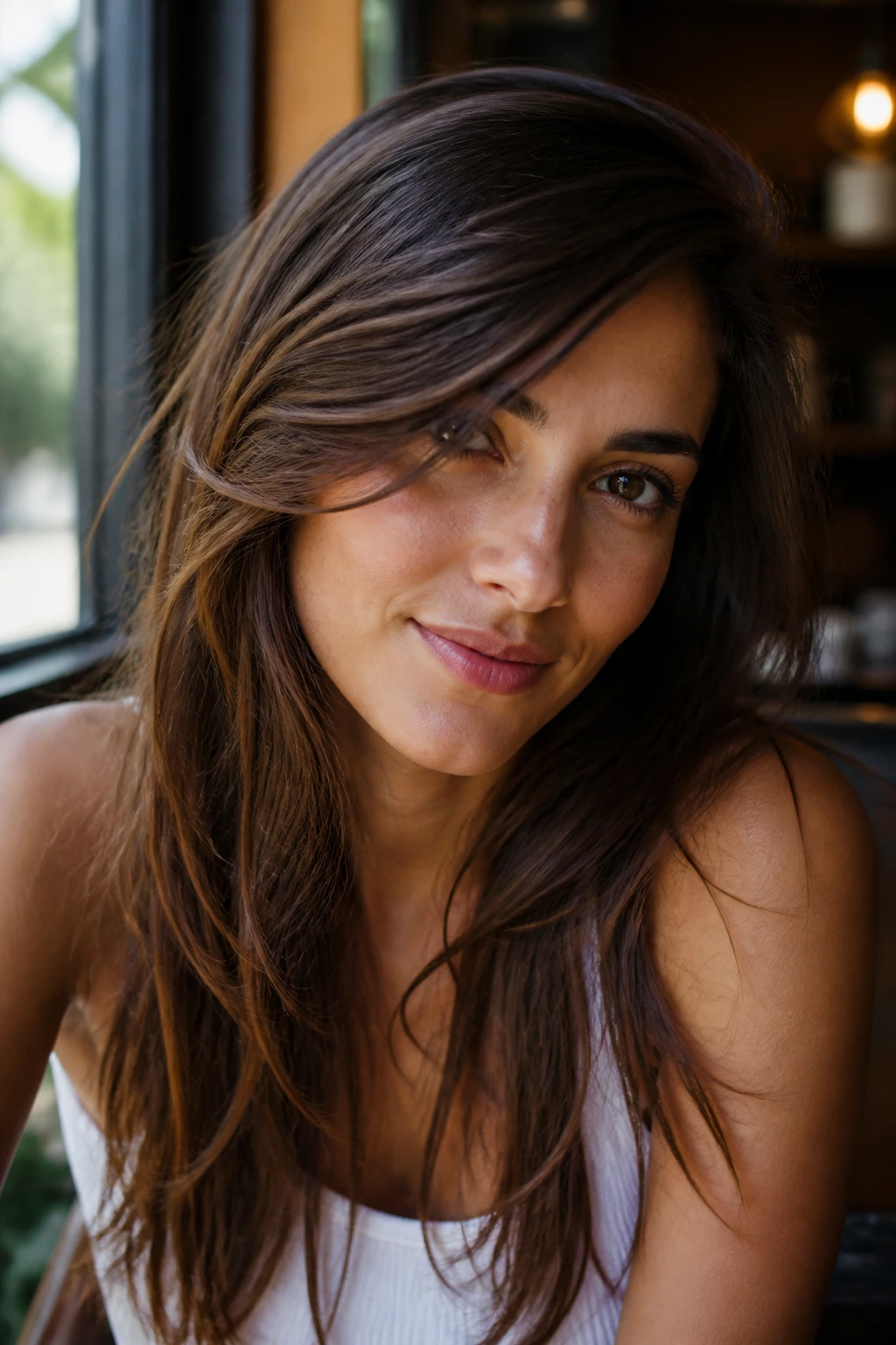 Portrait of a woman with side-swept feathering reducing forehead width
