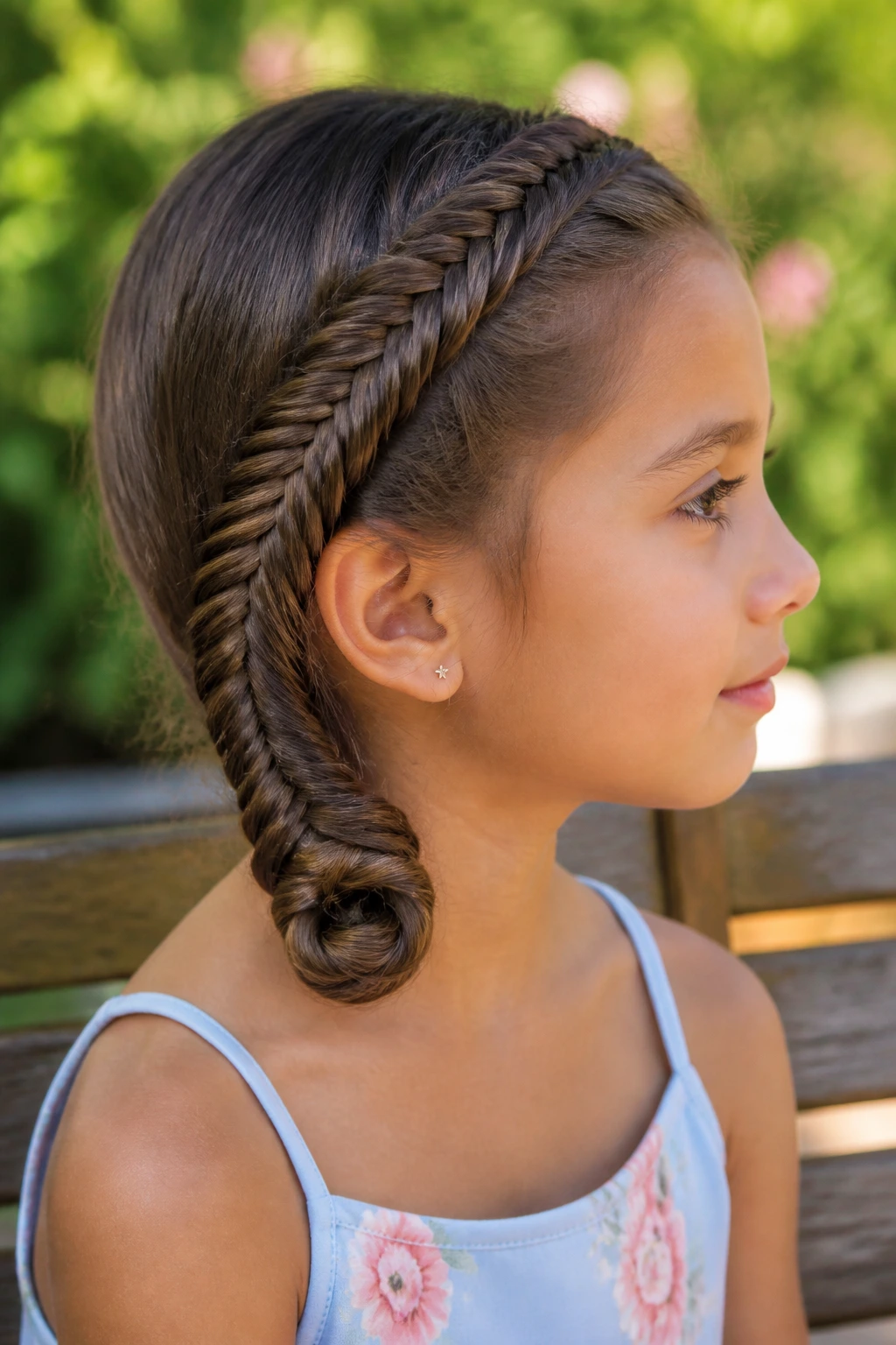 Side-profile close-up of a side-swept fishtail ending in a low twist