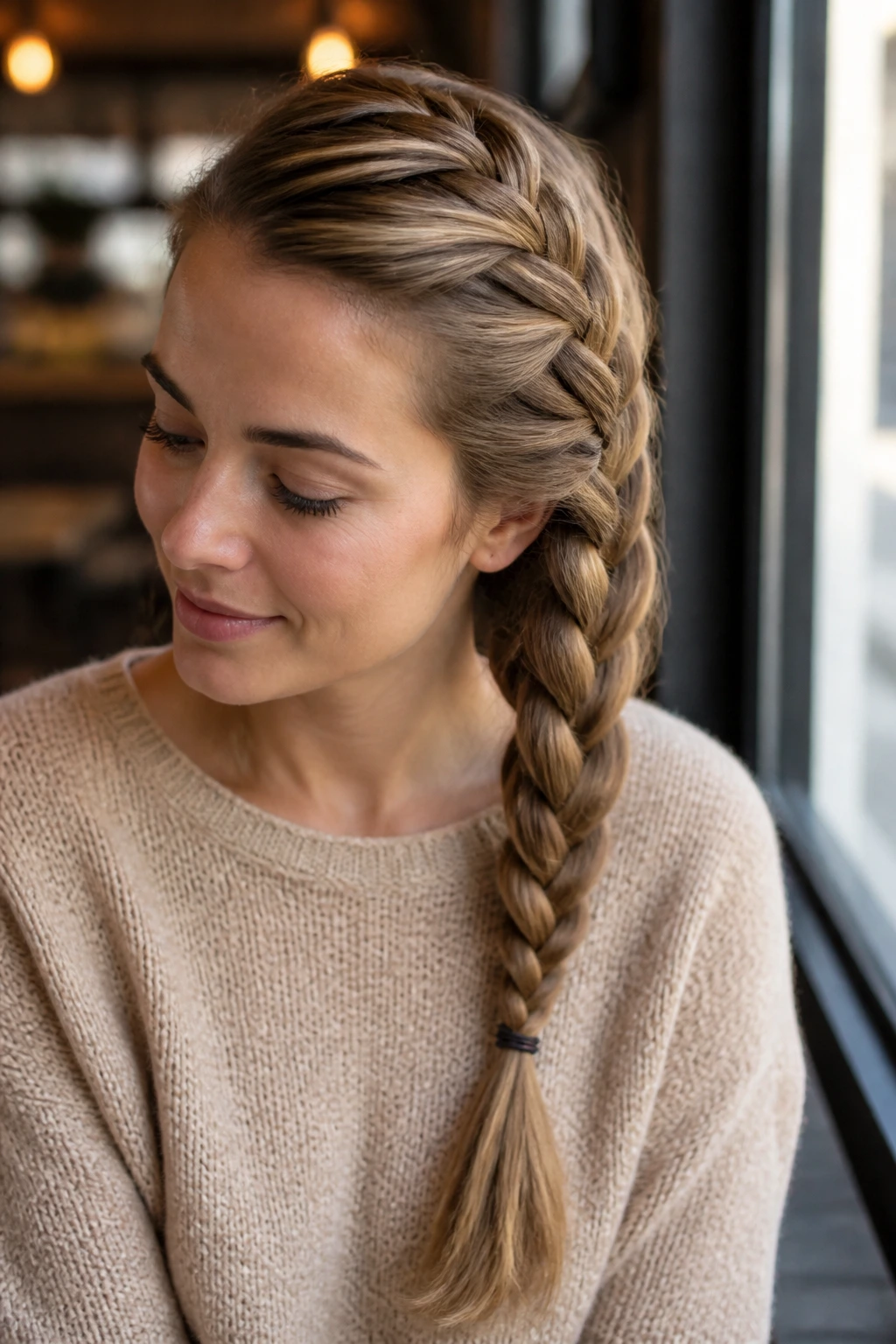 Close-up of a real person with a side-swept French braid along the temple to the shoulder