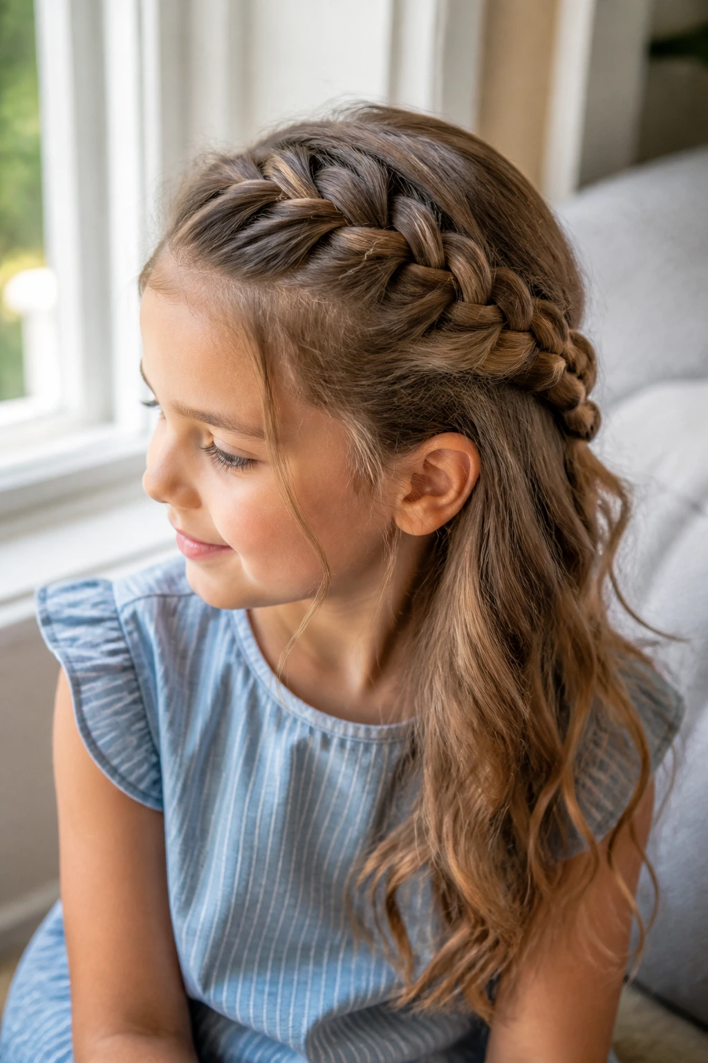 Close-up of real child with side-swept French braid in wavy hair