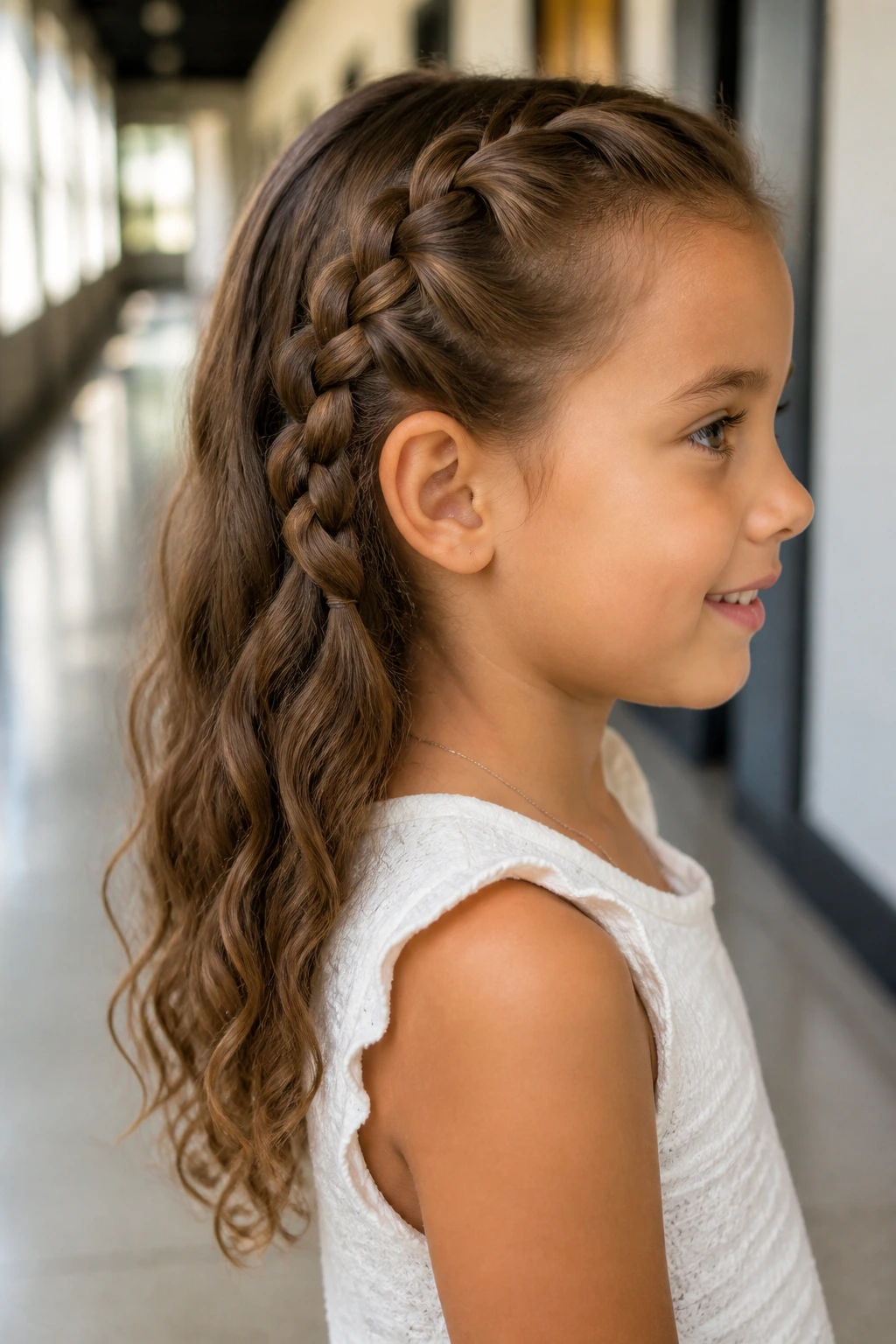 Profile of a child with a side-swept French weave and loose waves