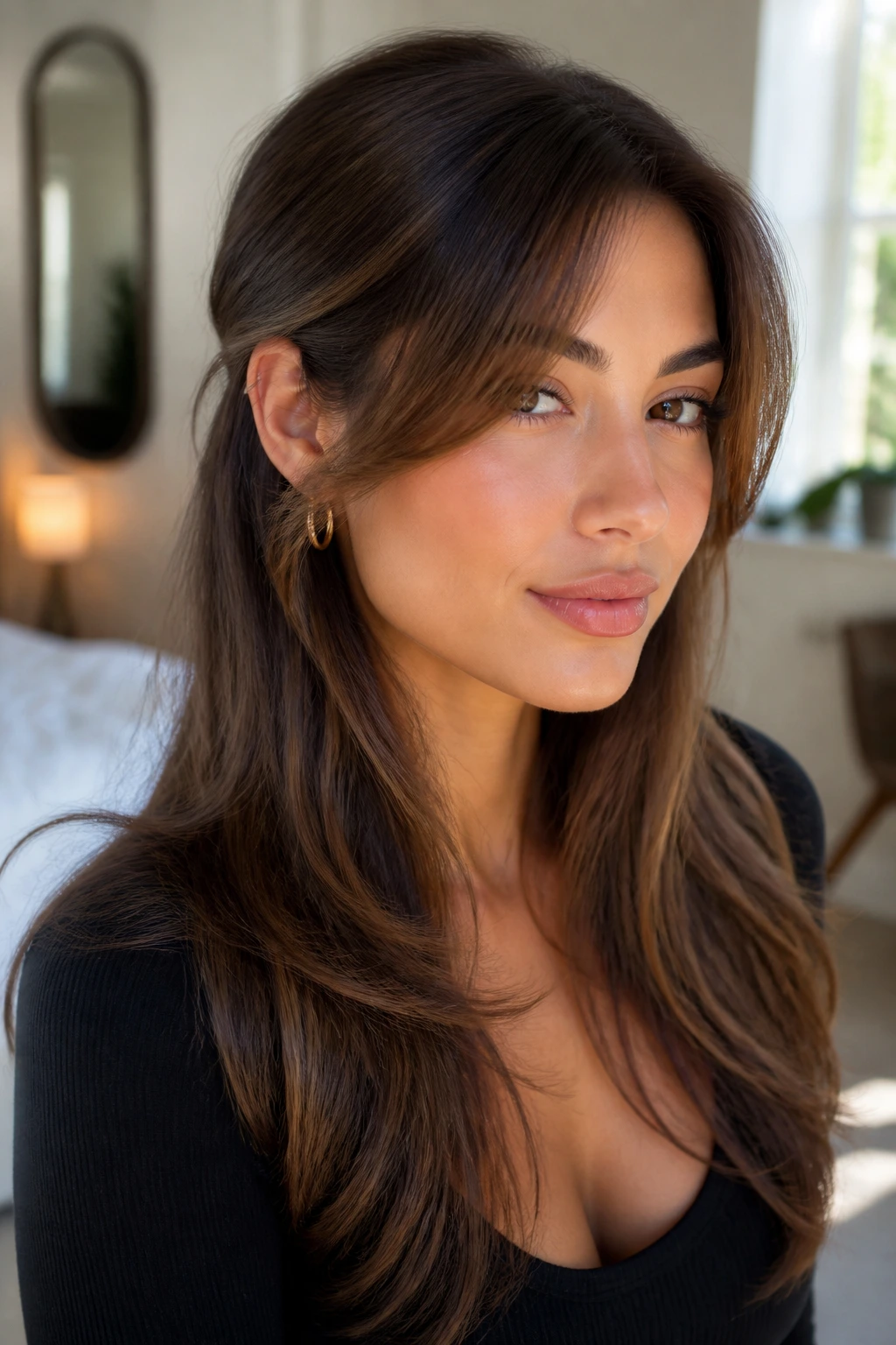 Close-up of a real person with a diagonal side-swept fringe and light floating front pieces