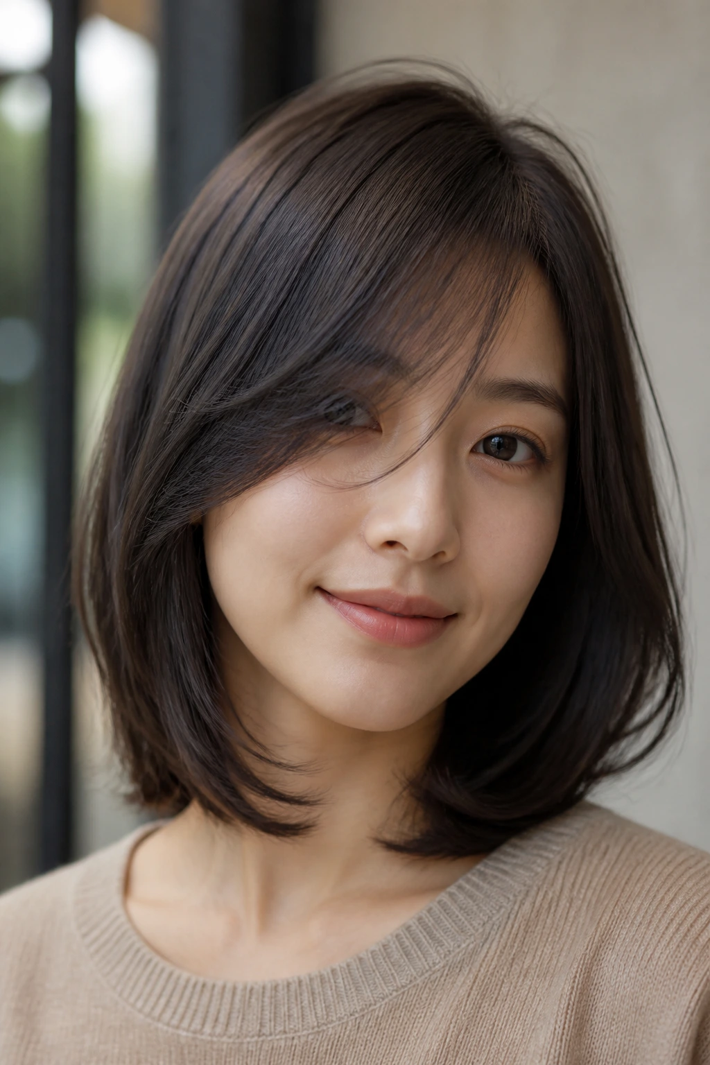 Close-up portrait of a real woman with side-swept fringe and A-line front