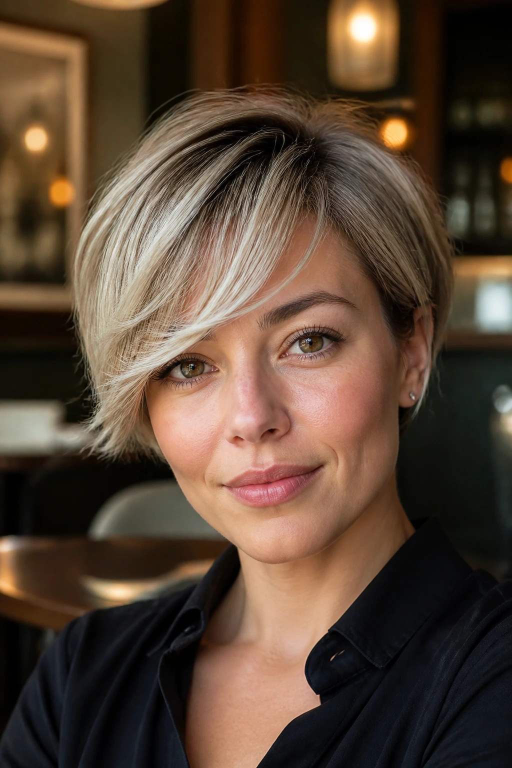 Close-up of a real woman with a side-swept fringe and bent ends in warm light