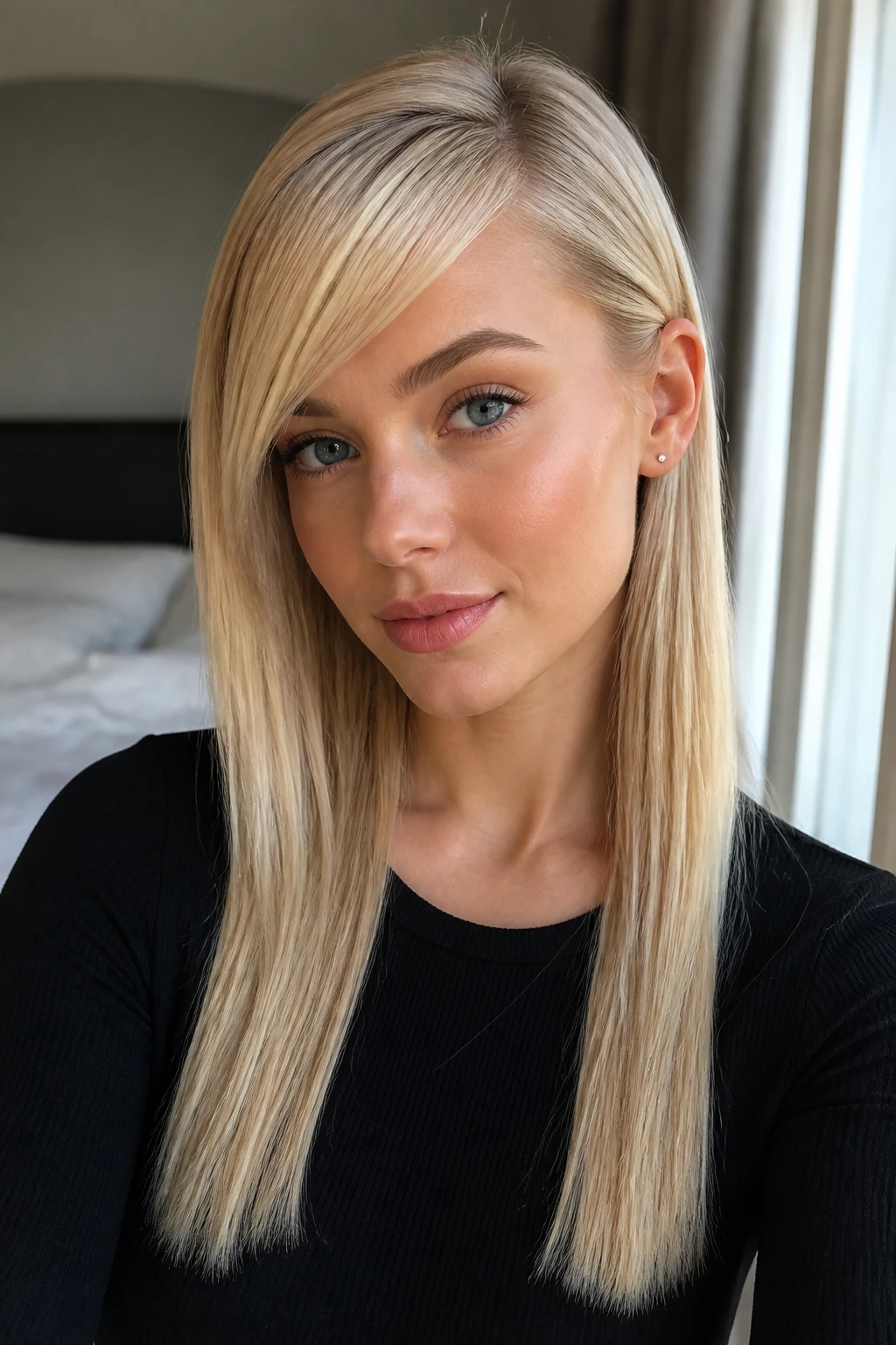 Close-up portrait of a woman with a side-swept fringe on cool blonde hair in window light