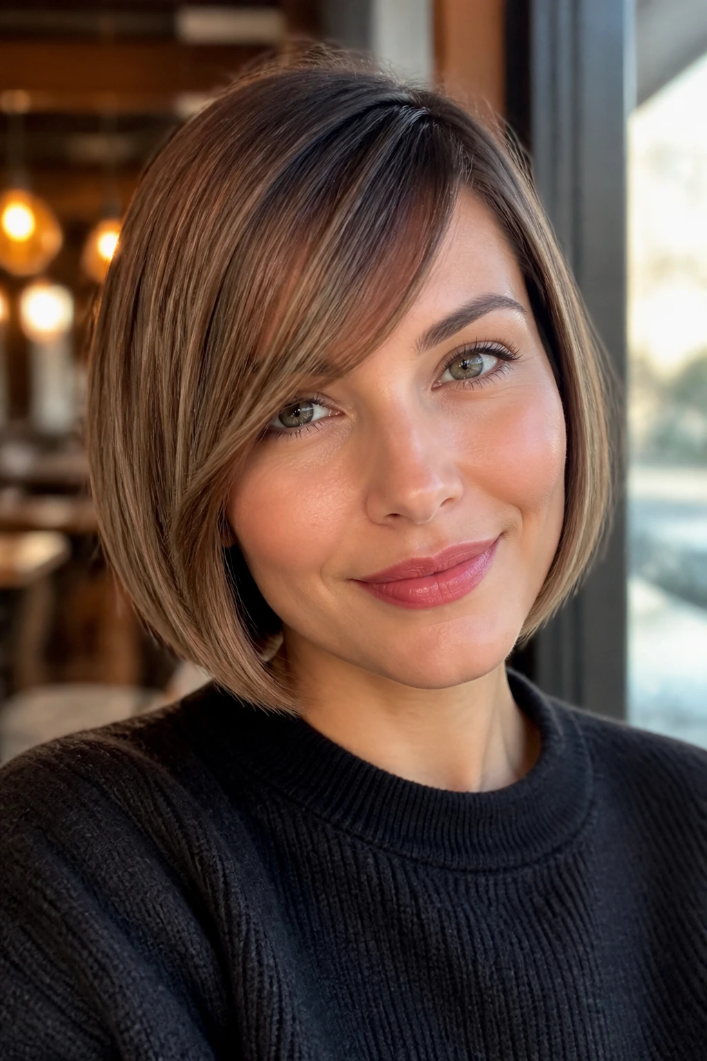 Real woman with side-swept fringe bob showcasing soft diagonal fringe