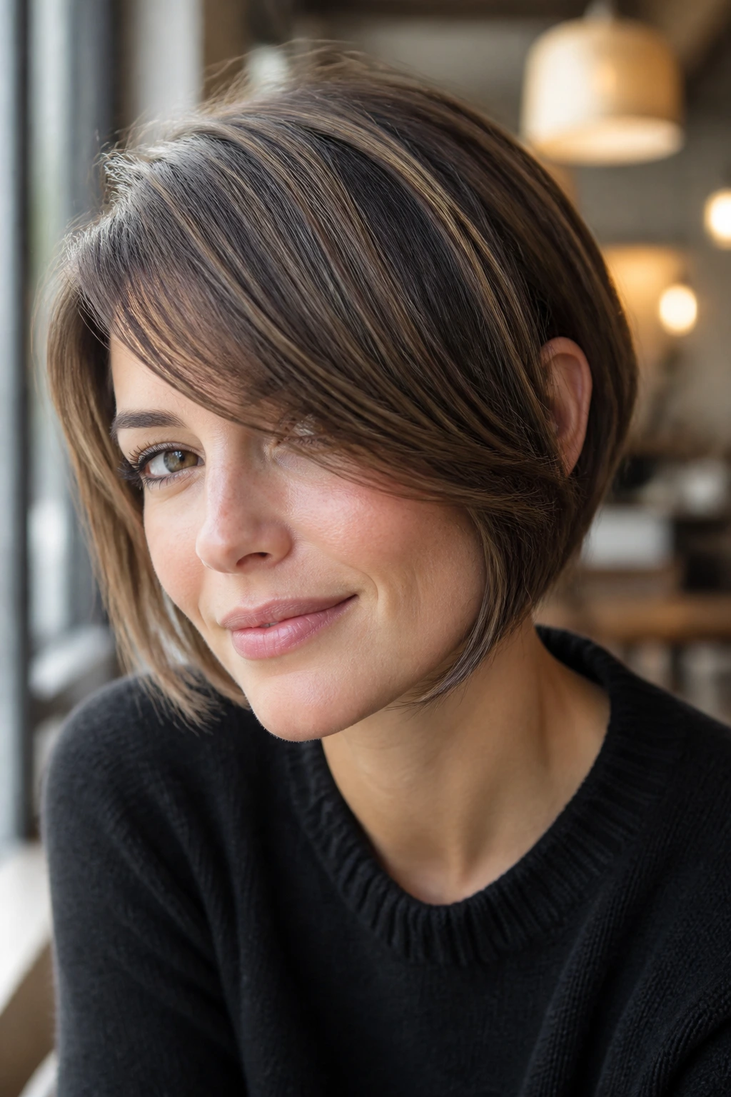 Close-up of a real woman with a side-swept fringe bob and diagonal fringe framing the face