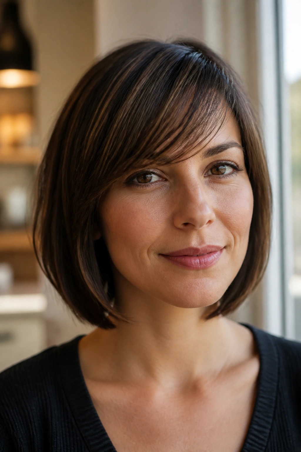 Close-up portrait of a real woman with a side-swept fringe bob.